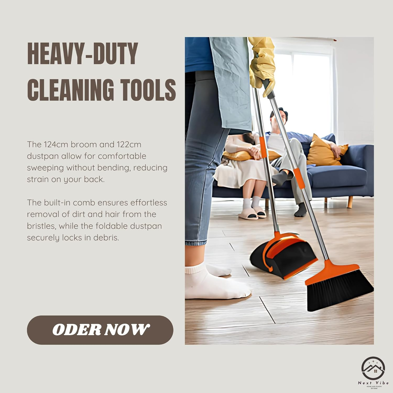 Heavy-Duty Long Handle Broom and Dustpan Set &ndash; 124Cm Broom & 122Cm Dustpan &ndash; Upright Standing Sweeping Combo for Home, Kitchen, Office & Outdoor Cleaning &ndash; Black & Orange image number 5