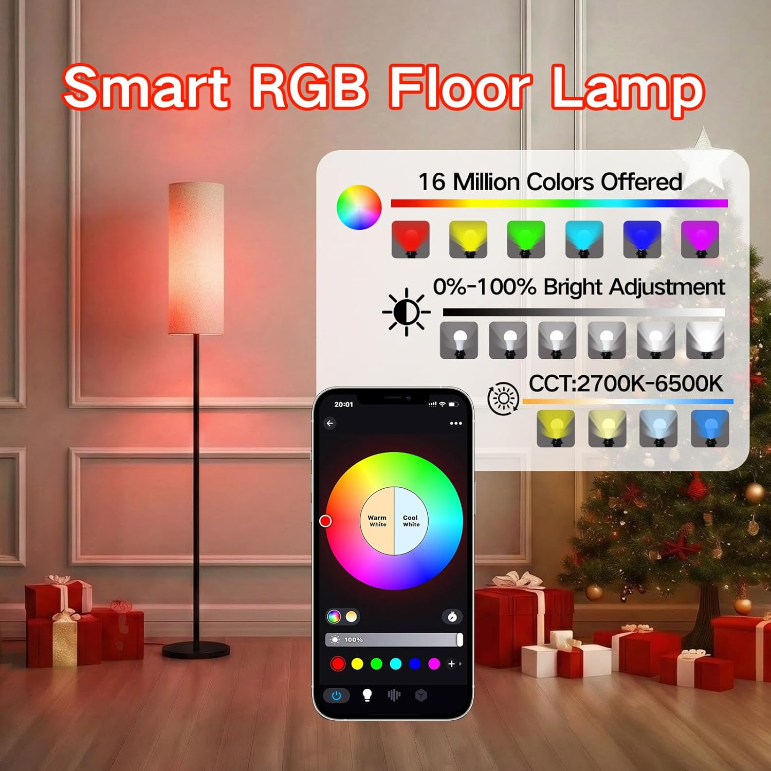170Cm Smart LED Floor Lamp with APP Control & RGB Colors - Dimmable Standing Lamp for Living Room, Bedroom, Gaming - Remote, Timer, 9W Bulb Included image number 5