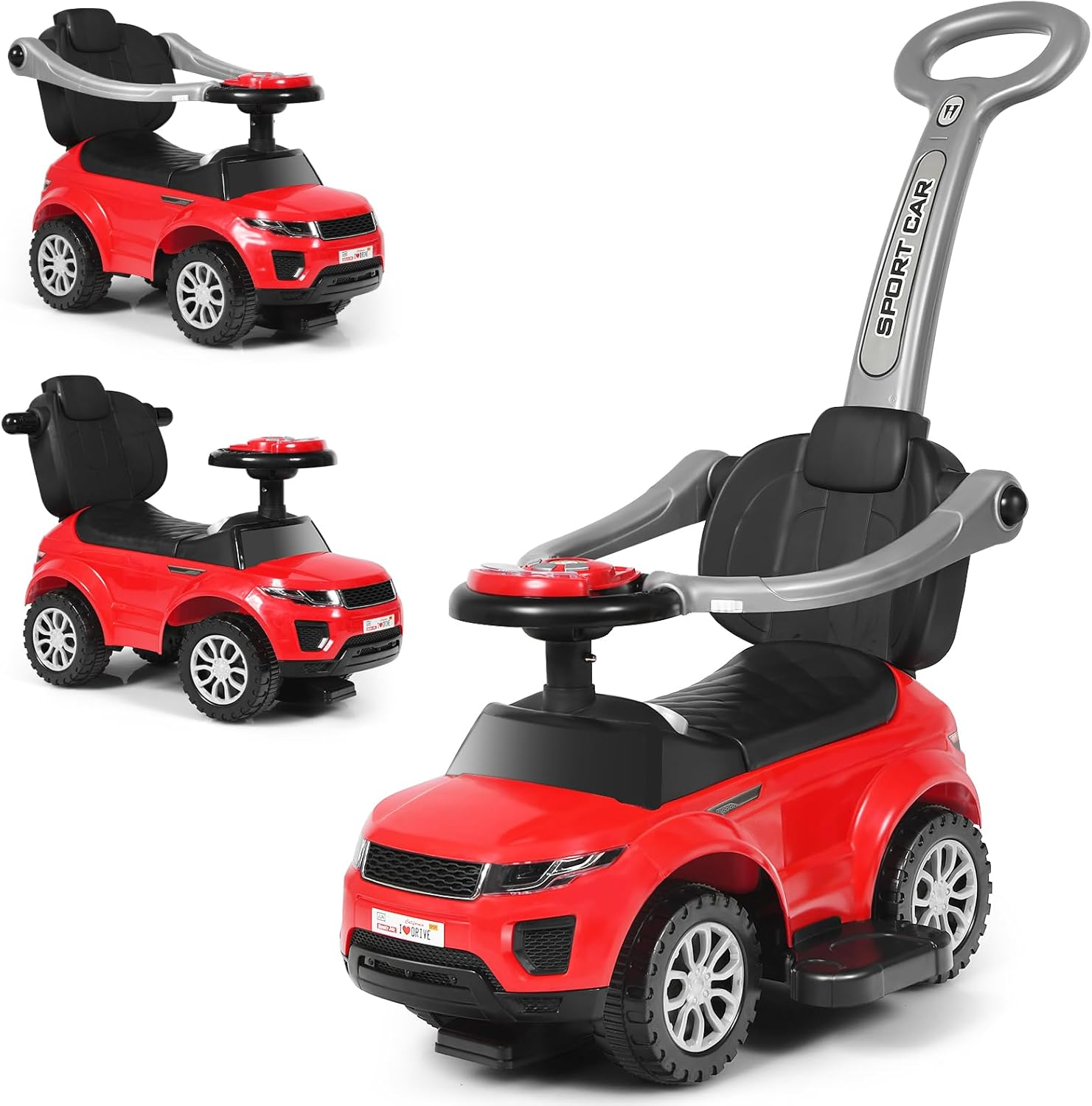 HONEY JOY 3 in 1 Kids Ride on Push Car, Stroller Sliding Walking Car with Horn, Music, Light, under Seat Storage, Push Handle, Armrest Guardrails, Push Cars for Toddlers Boys & Girls Aged 12-36 Months