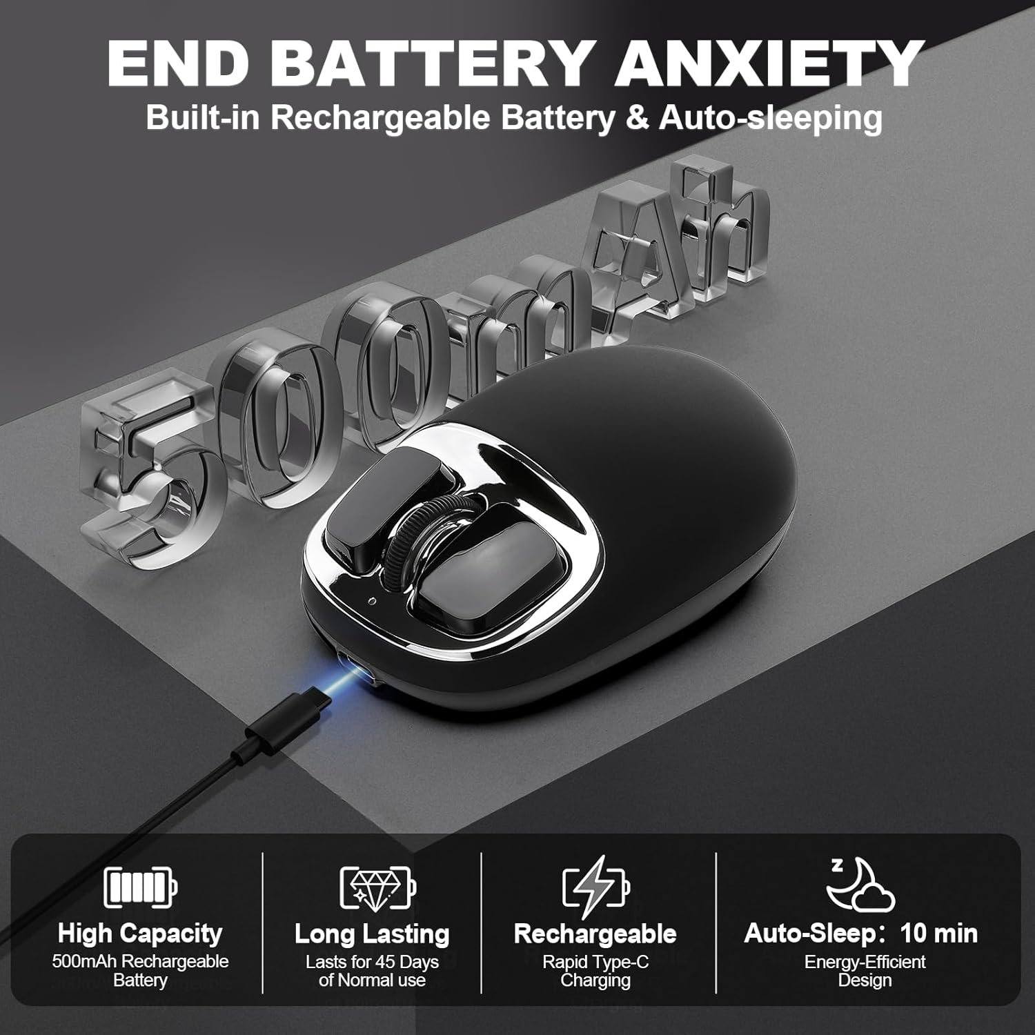 YUNZII C1 Silicone Wireless Mouse, 4800 DPI Optical Tracking, 6 Adjustment Levels, Tri-Mode 2.4G/Usb-C/Bluetooth Mouse, Customize Mice for Laptop, Computer, Ipad, Macbook (Black Silver) image number 5