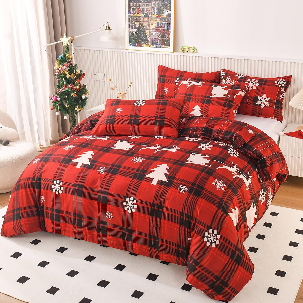 Mengersi Christmas Duvet Cover Set Queen Size,Christmas Tree Snowflake Duvet Cover Check Printed Christmas Plaid Duvet Cover Comforter Cover Set for New Year Holidy Xmas Gifts
