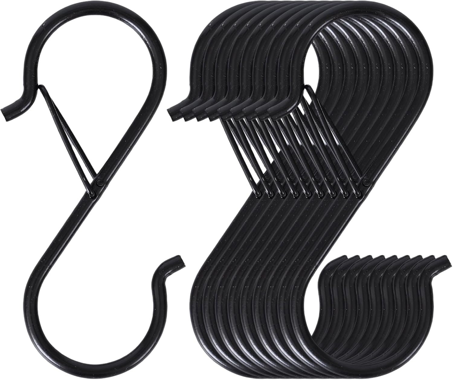 Mythosurge 10 Pack S Shaped Hooks,3.5 Inch Stainless Steel Heavy Duty S Hooks with Safety Buckle for Kitchen Utensil,Pans,Closet Rod,Bags,Purse,Clothes,Hooks for Hanging Pots (Black) image number 4