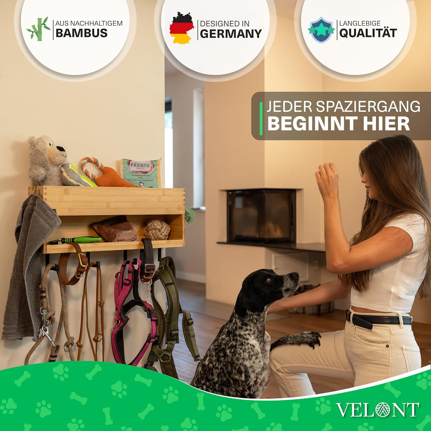 Velont XXL Dog Coat Rack with Shelf - Perfect Linen Parking Space - Environmentally Friendly Bamboo - Dog Station for Leads & Accessories - German Brand - Includes Waste Bag Dispenser, Free Mounting image number 3