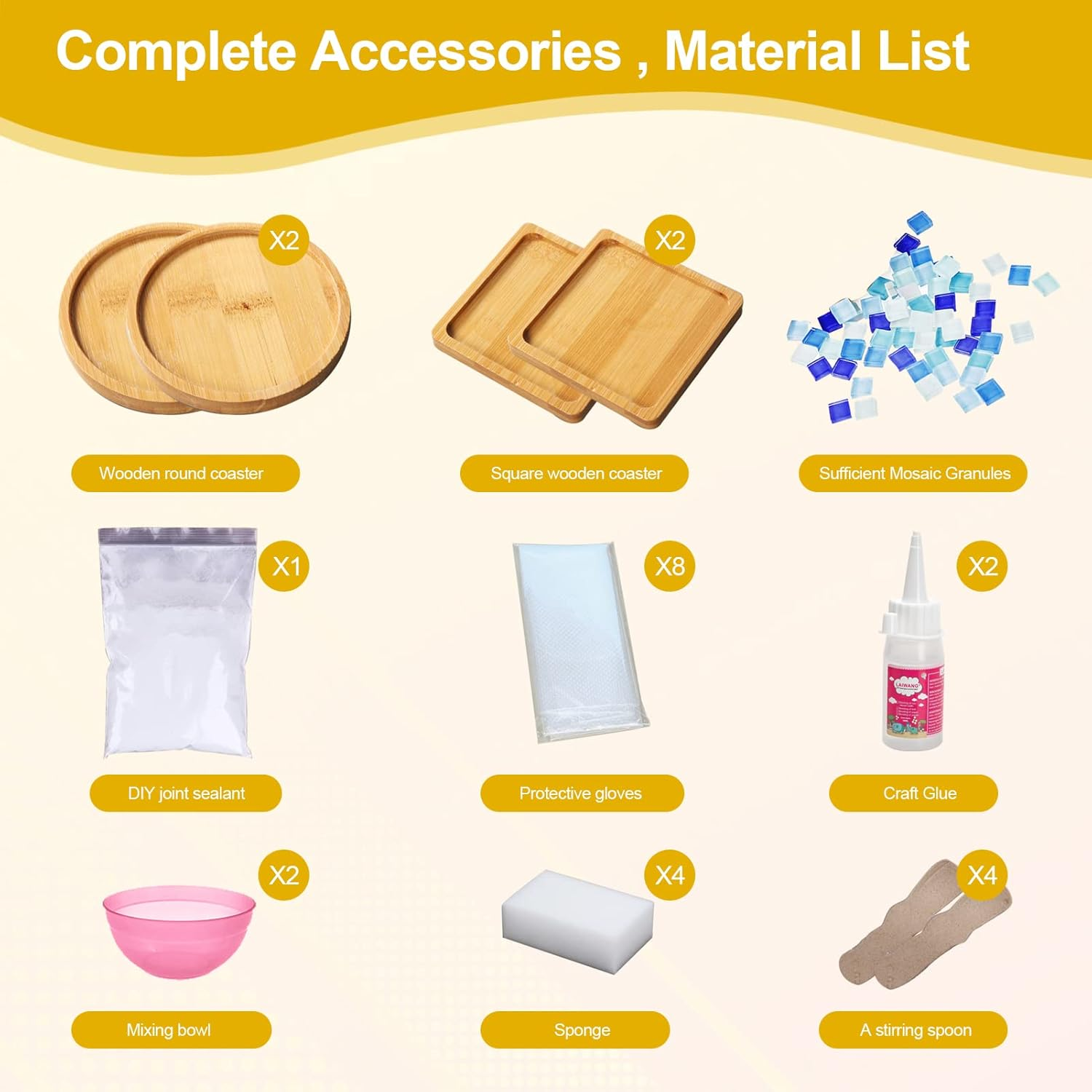 WATHFKCU 4 Sets DIY Glass Mosaic Tiles for Crafts,Mixed Color Mosaic Kits with Wooden Coaster for Adults,Mosaic Crafts Materials Package for Coaster Handmade Home Decor Gifts image number 5