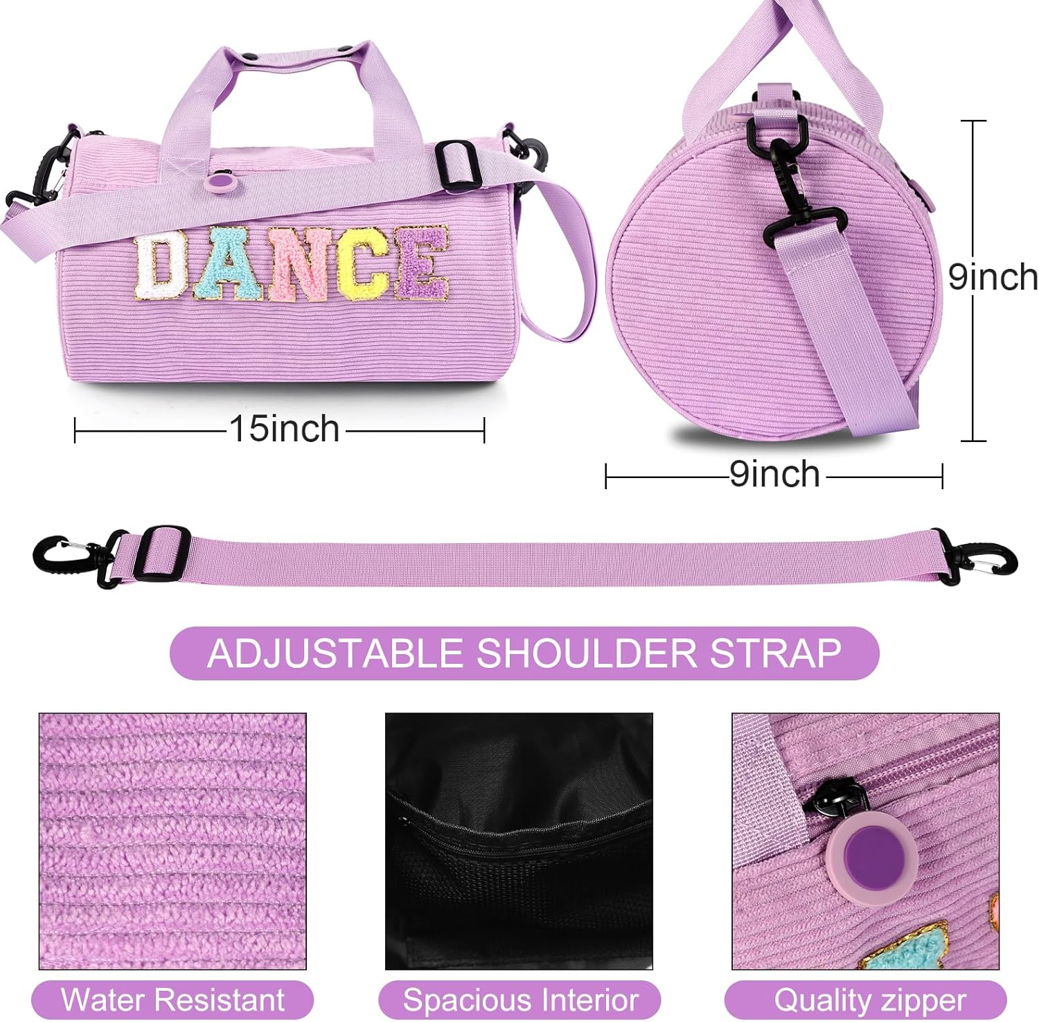 Dance Ballet Bag for Girls Sport Gym Duffle Bags Overnight Travel Bags Fun Dance Corduroy Chenille Letter Bag for Dancers, Purple, Dance Bag image number 5