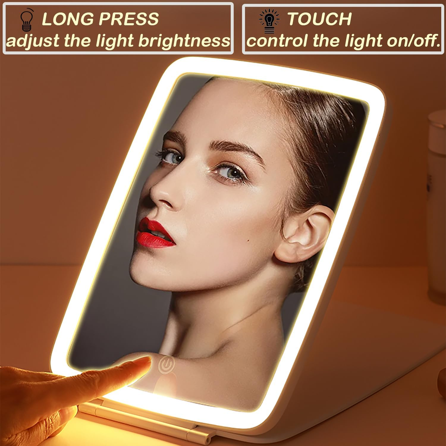 Vrhere Mirrim Rechargeable Travel Makeup Mirror with 10X Magnifying Mirror, Big Size 10 * 7.5 Inch, Portable Lighted Beauty Mirror with 3 Color Lights, Vanity Mirror with 72 LED Lights, Touch Dimming image number 2