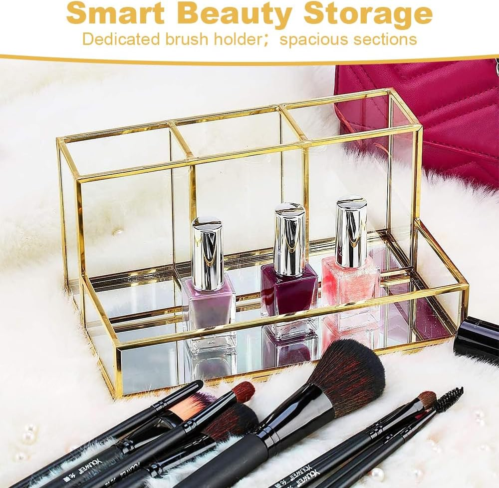 Makeup Organizer, Gold Glass Cosmetic Box, Makeup Brush Organizer Holder, Beauty Organizer Holder, Large Capacity Cosmetic Display Case for Perfume, Jewellery, Brushes