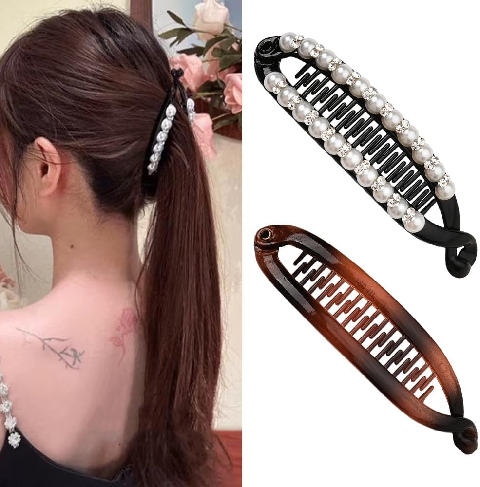 Pearl Banana Hair Clips for Girls French Comb Clip Black Banana Claw Clip Fish Hair Clips for Girl Non Slip Ponytail Holders Banana Clip for Thin Thick Hair Accessories Banana Barrettes 2Pcs