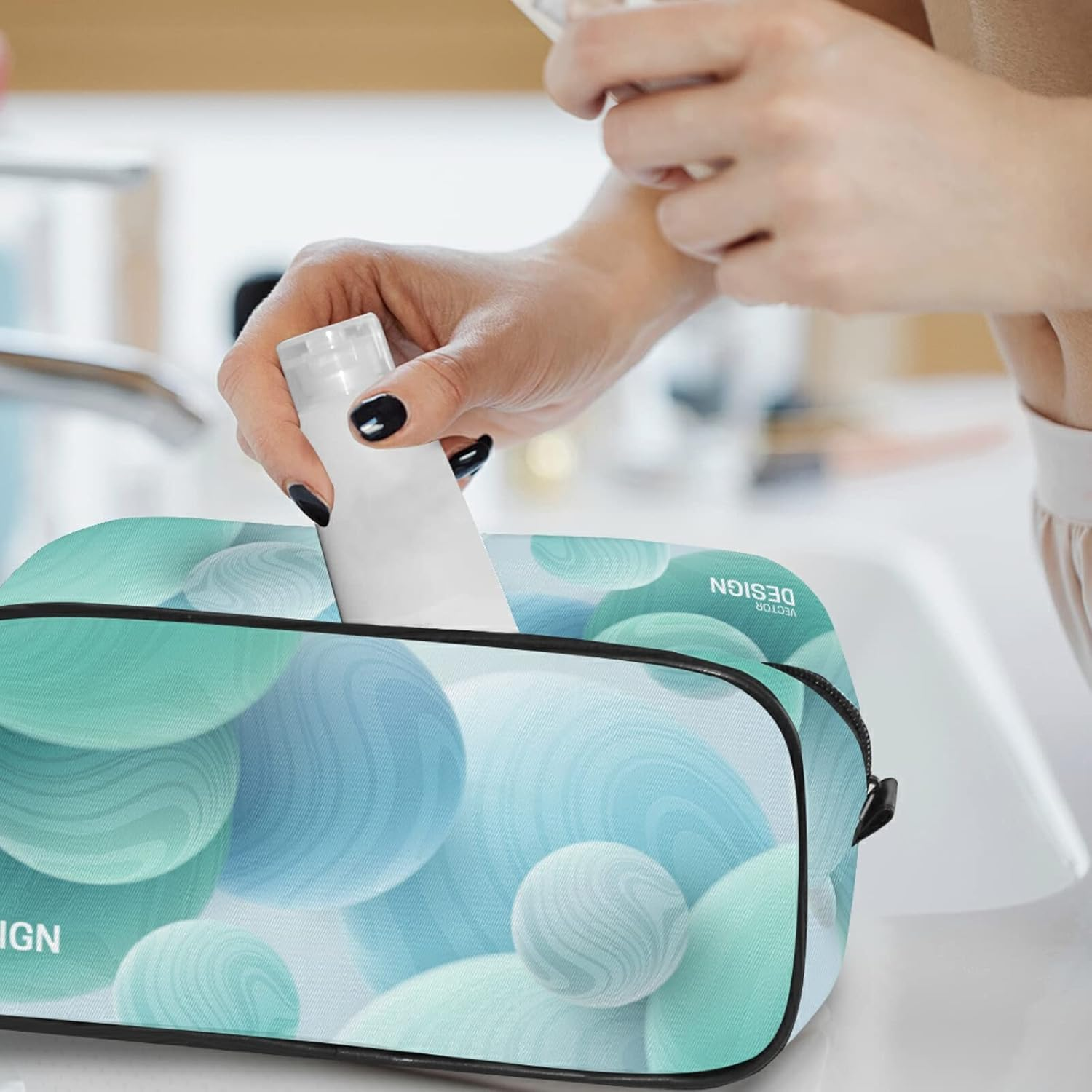 Toiletry Bag Unisex Cosmetic Bag Funny Dinosaurs Travel Organizer PU Leather Travel Cosmetic Case, 3D Marbled Spheres, One Size - 3D Marbled Spheres image number 4