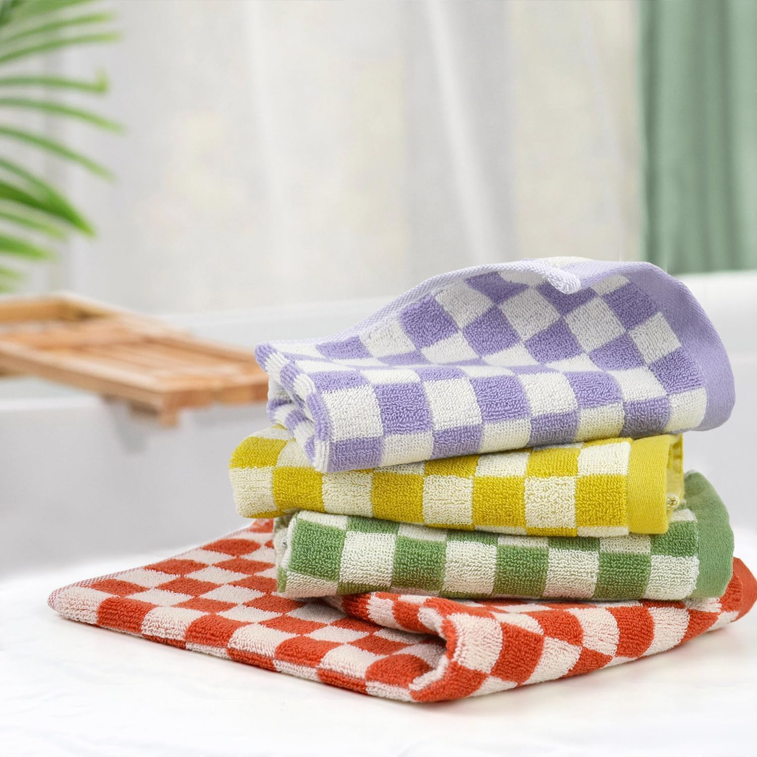 Cotton Wash Cloths Checkered 4 Pack 4 Colors - Bathroom Washcloths for Face Body, 13 X 13 Inches Daily Cleansing Towels image number 1