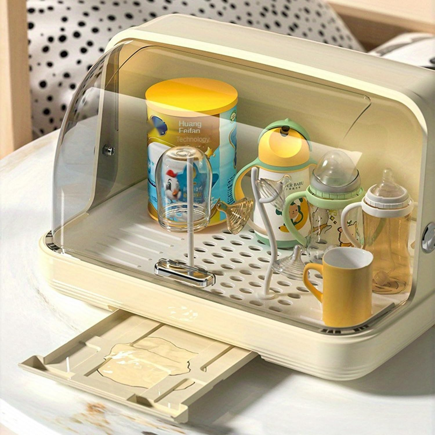 Baby Bottle Storage, Dustproof Baby Bottle Drying Rack, Bottle Dryer Holder with Cover Lid and Removable Drainboard, Bottle Rack Dryer for Kitchen Cabinet