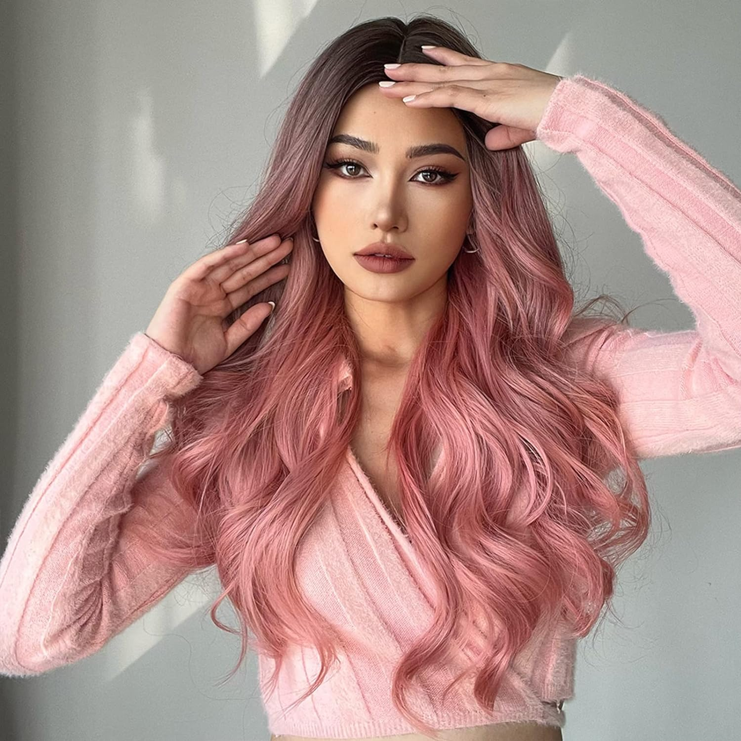 Eacam Pink Wigs Long Curly Wavy Hair Wigs for Women Wig Synthetic Straight Cos Wigs Heat Resistant Synthetic Hair Pink Curly Wavy Wig for Party Cosplay Daily Use image number 2