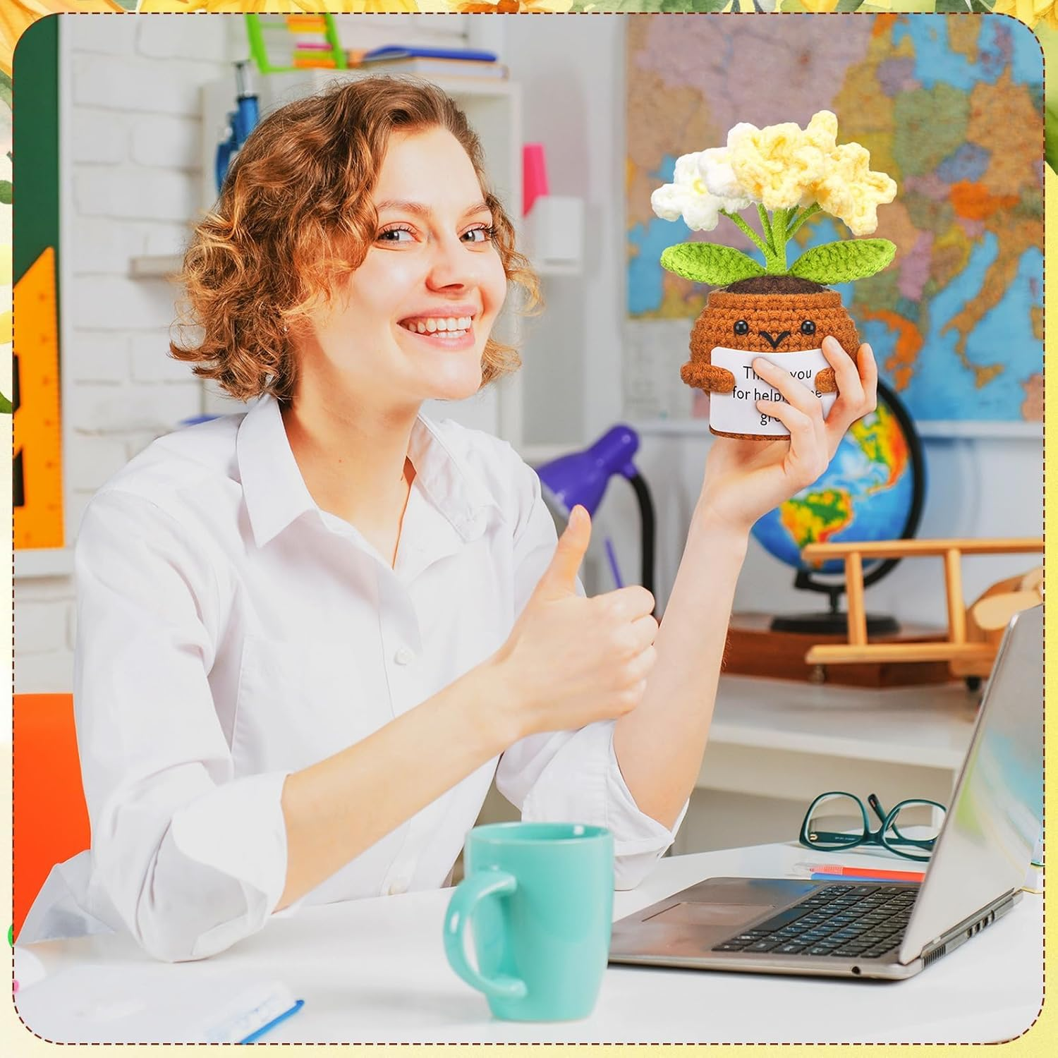 3 Pcs Teacher Appreciation Crochet Doll with Card Thank You for Helping Me Grow Teacher Thank You Presents for Birthday Home Office Decor(Forget Me Not) image number 5