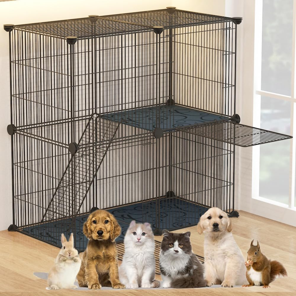 Cat Cage,Portable Metal Wire Mesh Grid Density Detachable Outdoor & Indoor Enclosure with Ladders,Cat Exercise Crate for Kitty,Puppy,Rabbits and Small Animals (Black, 2 Tier & 2 Doors)
