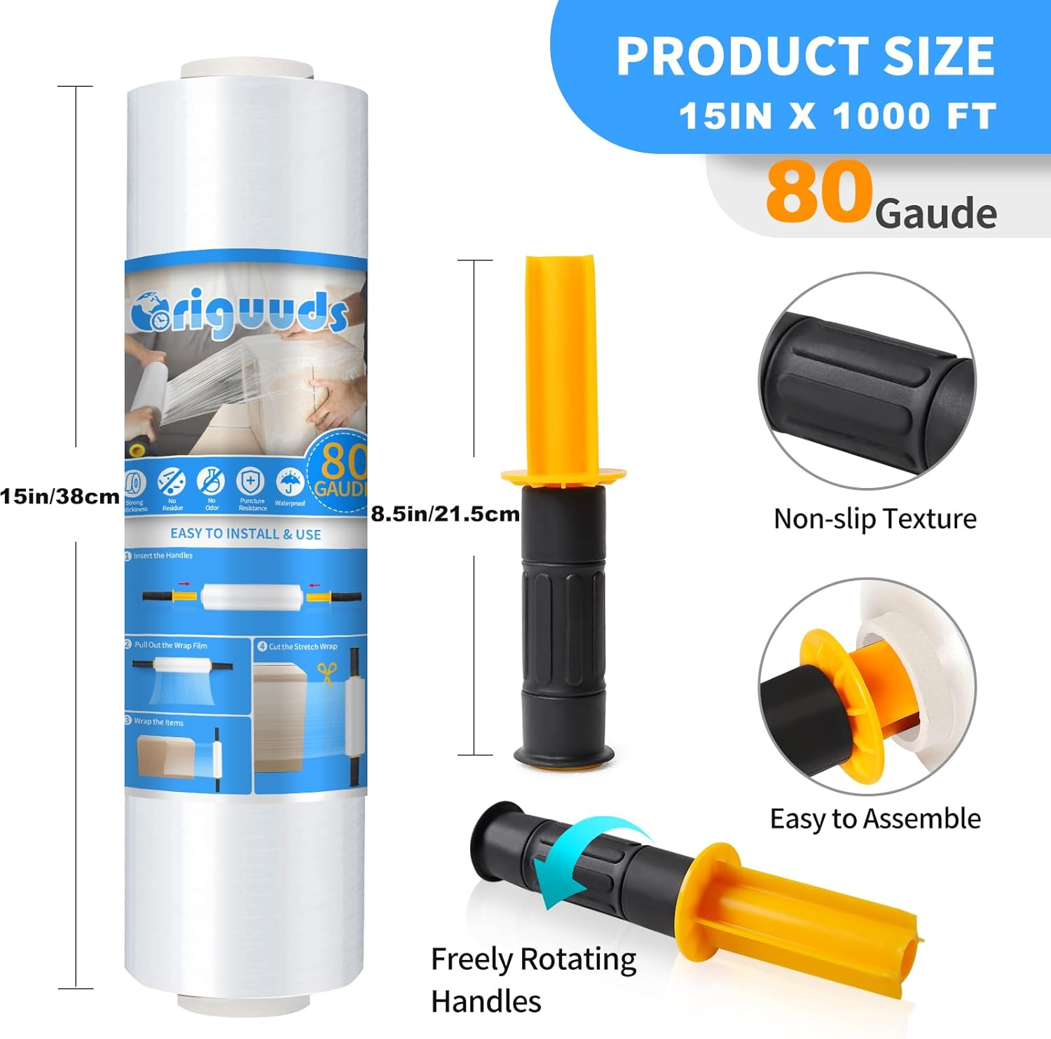 Origuuds Stretch Film, 80 Gauge Stretch Wrap with Handles, Industrial Strength Plastic Wrap for Moving, Pallet Wrap, Packing, Furniture Wrapping, Luggage (Clear/15 Inch X 1000 Feet, 1 Roll) image number 3