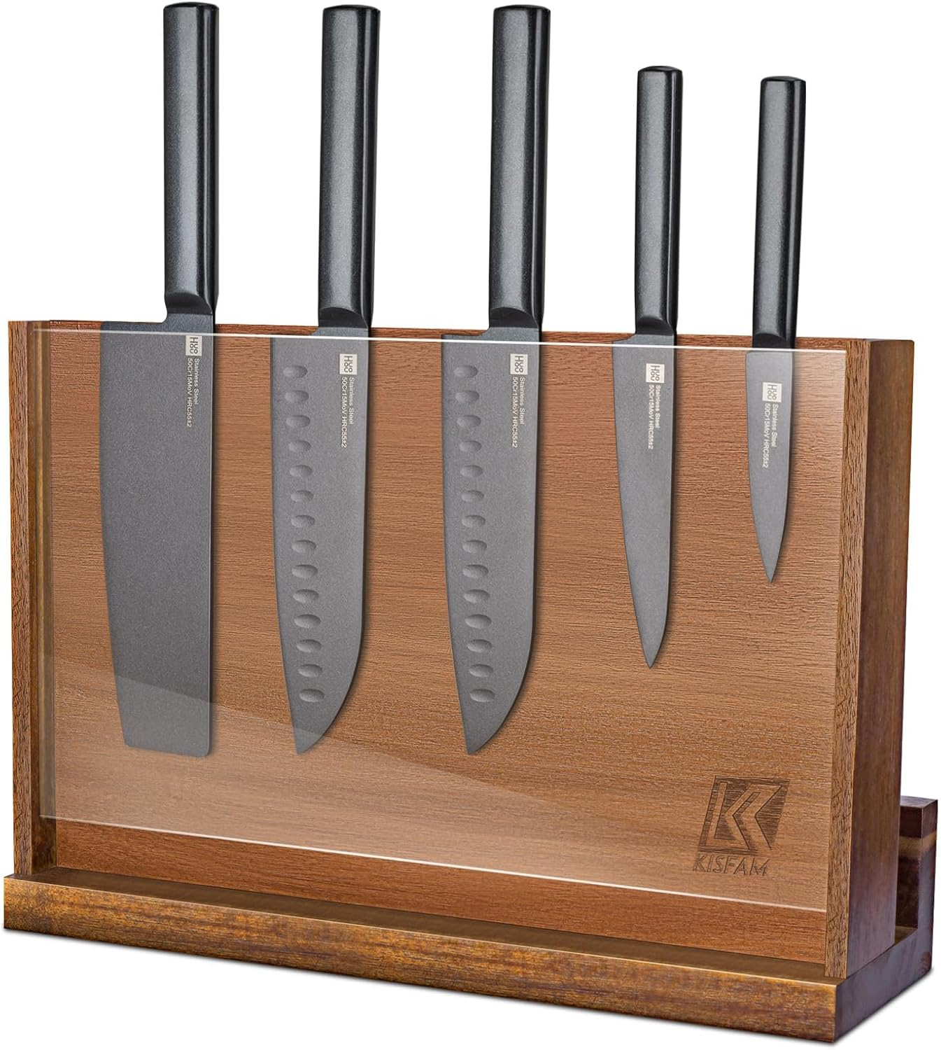 Magnetic Knife Holder, Wooden Knife Block with Double Sided Strong Magnets and Acrylic Protection Shield for Kitchen Multifunctional Knife Storage Knife Block without Knives (38Cm) image number 2