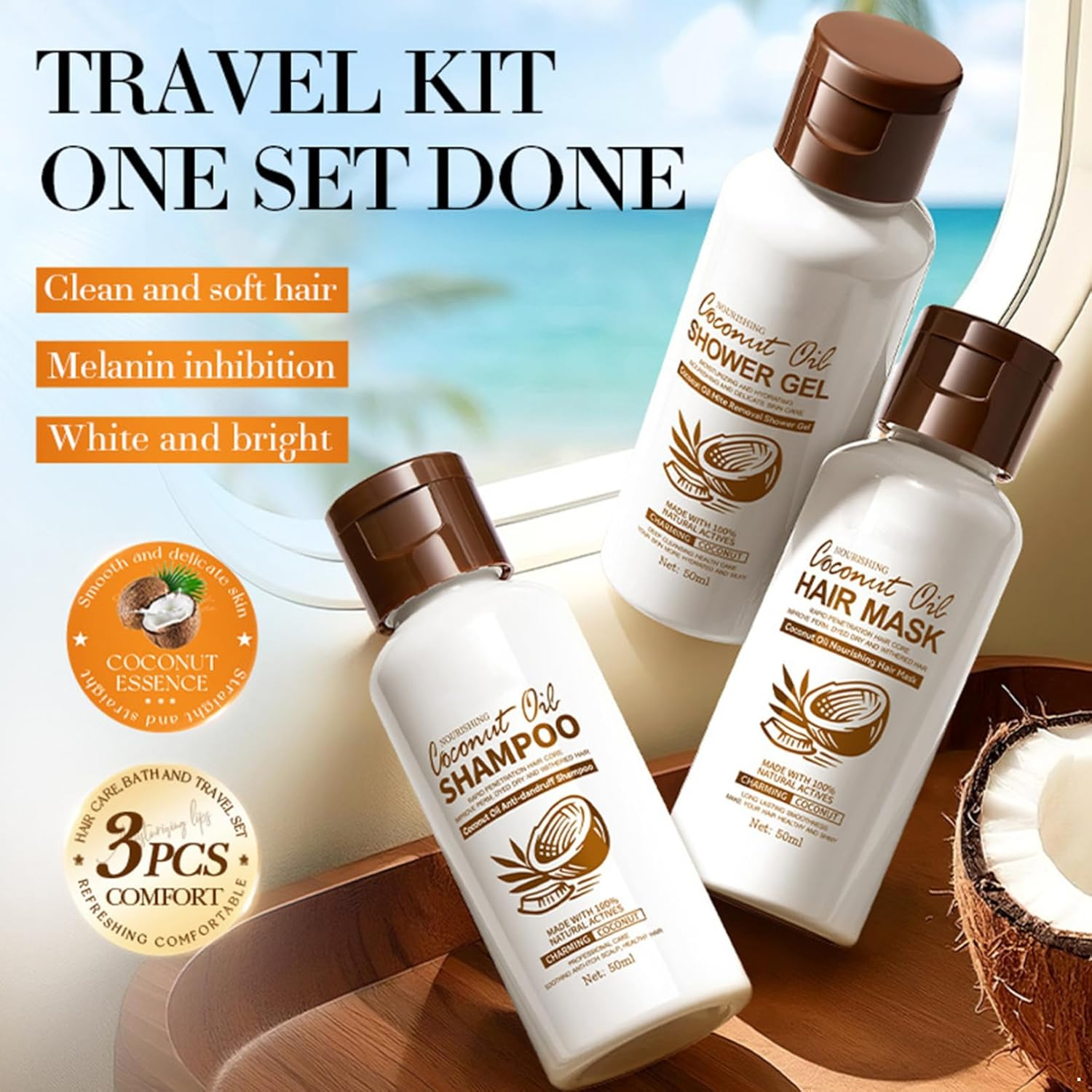 Iiniim Organic Coconut Bath and Hair Care Set with Hydrating Shampoo Nourishing Mask Refreshing Body Wash for Daily Use Brown One Size image number 5