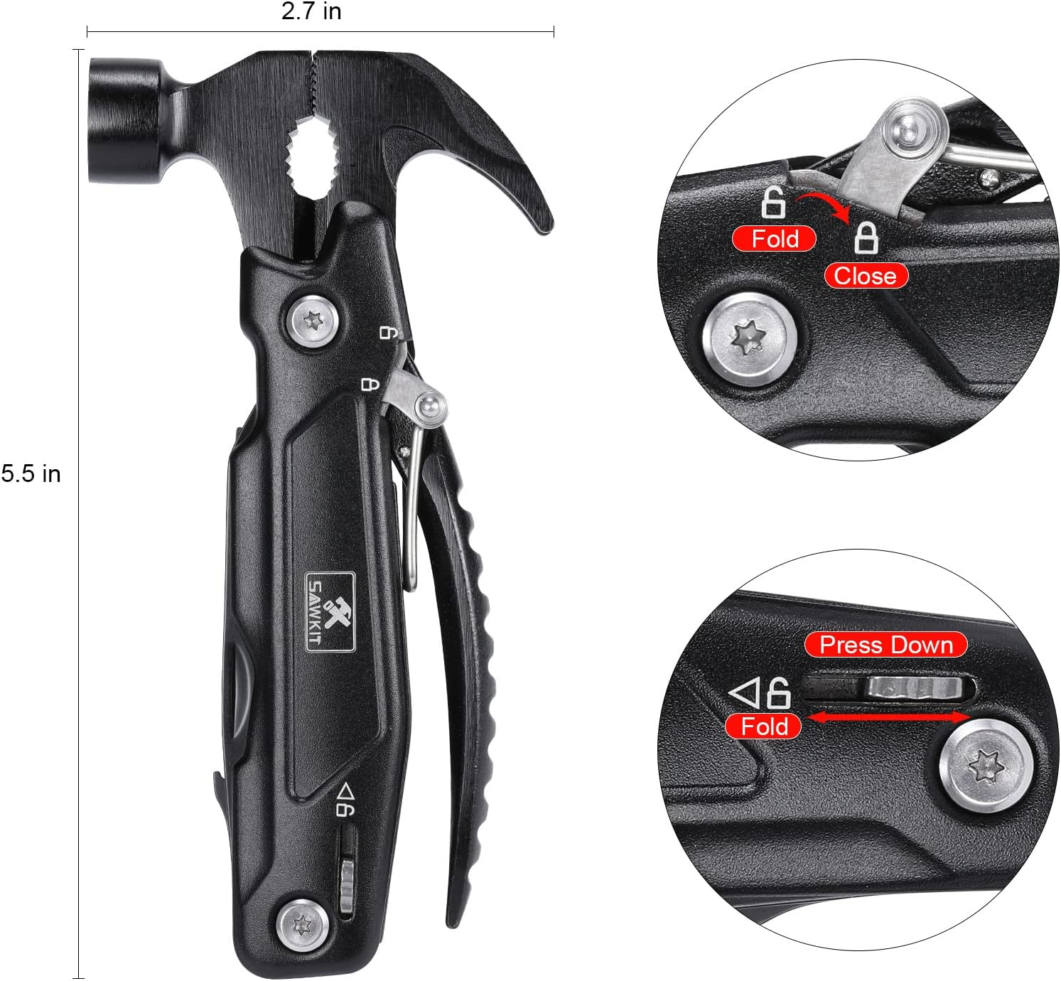 SAWKIT Multi-Tool Pliers Multi-Functional 15 in 1 Mini Hammer Camping Gear Survival Tool for Men, DIY Handyman, Father/Dad, Husband, Boyfriend, Women, All in One Survival Tools Small Hammer Multitool image number 1
