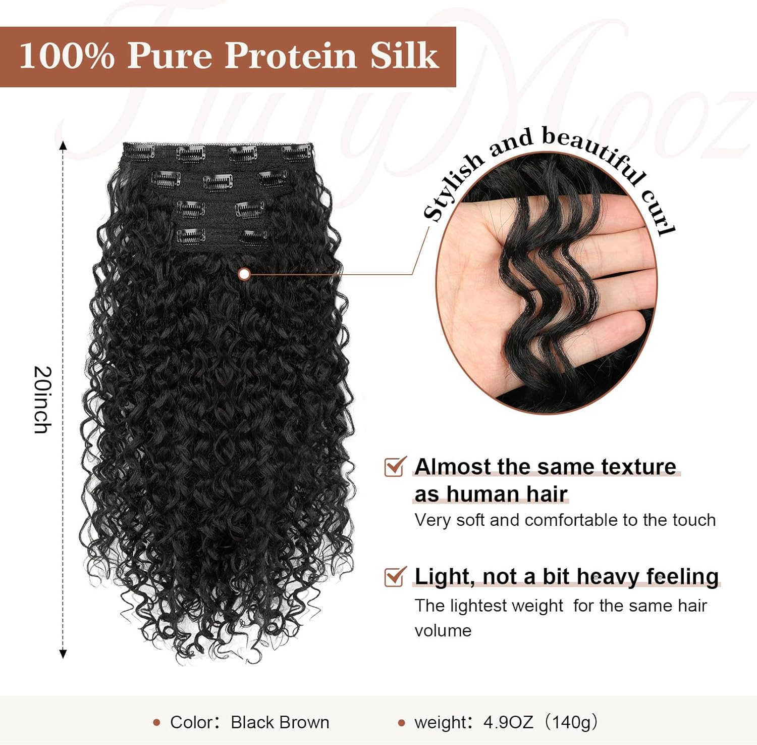 Clip in Hair Extensions, FLUFYMOOZ 4PC 100％ Pure Protein Silk Hair Extensions Long Soft Natural Hairpiece 20 Inch Curly Hair Extension for Women (Black Brown) image number 5