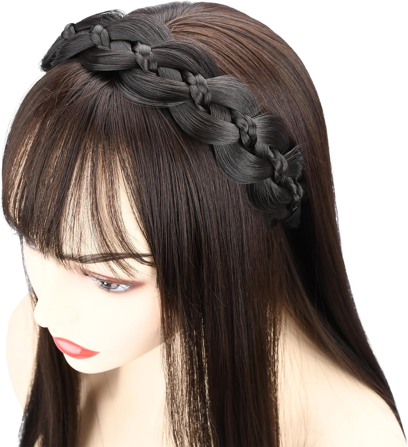 VOPPIS Wide Braided Headband with Teeth Synthetic Hair Plaited Headband Fishtail Braided Hair Band Hairpiece for Girls Women Beauty Accessory (Honey Blonde, Wide) - Brunette Brown image number 5