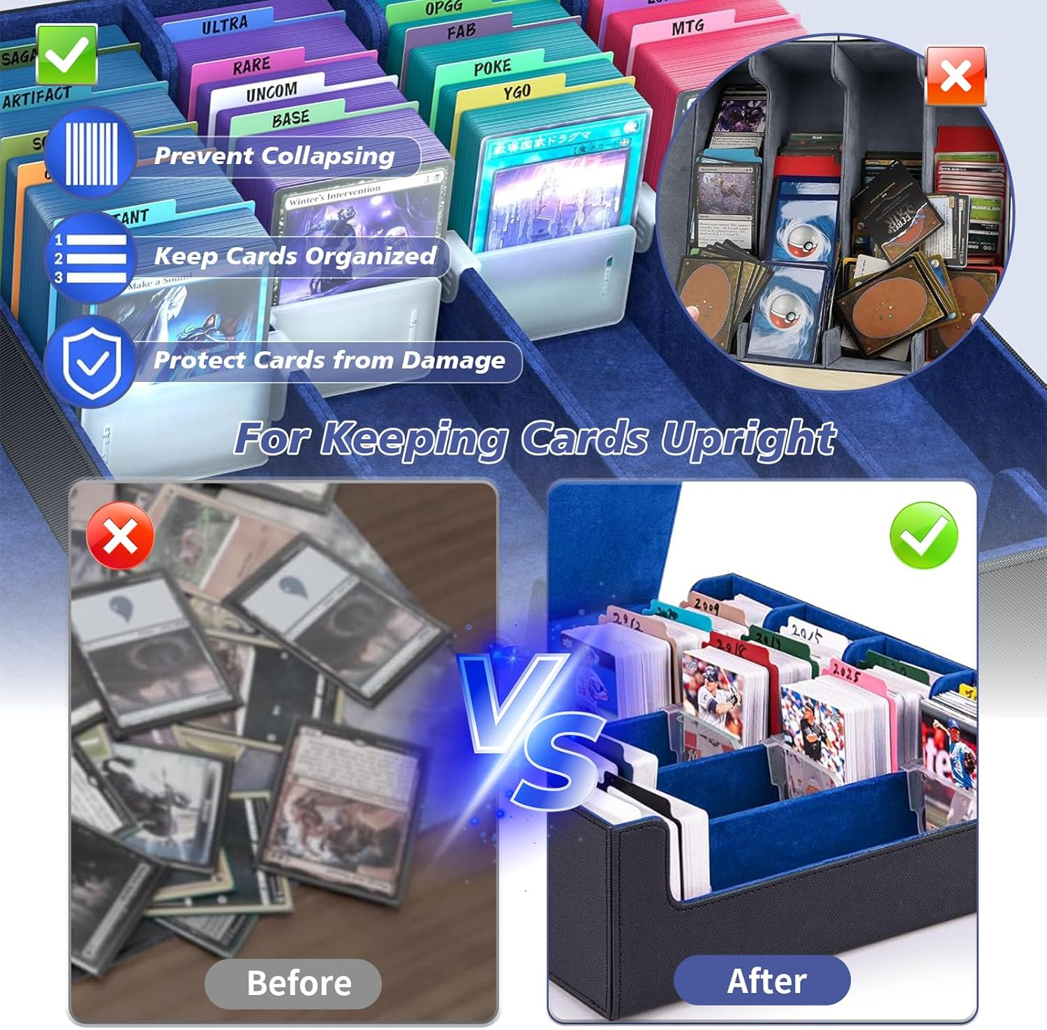 PU Leather Trading Card Deck Case with Display Windows, 3000+ MTG Deck Box with 24 PCS Colorful Dividers Tabs, Magnetic Closure Storage Boxes, Slot Support for Magic Game Cards (BKRED) image number 4