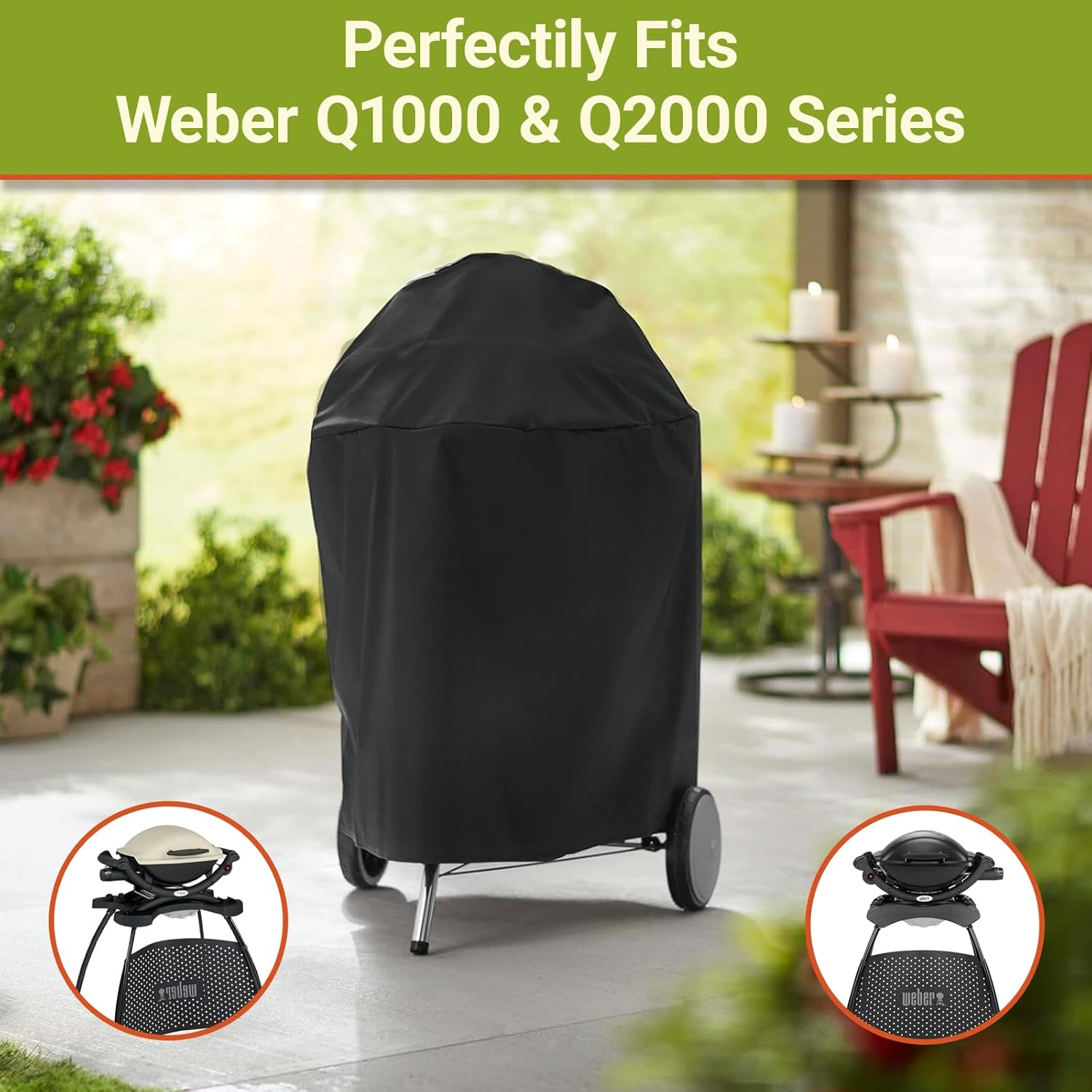 Extended Grill Cover for for Weber Q100 Q1000 Q1200 Q200 Q2000 Q2200 Series Grills with the Q Portable Cart,Longer Grill Cover Replacement for Weber 7113 image number 1
