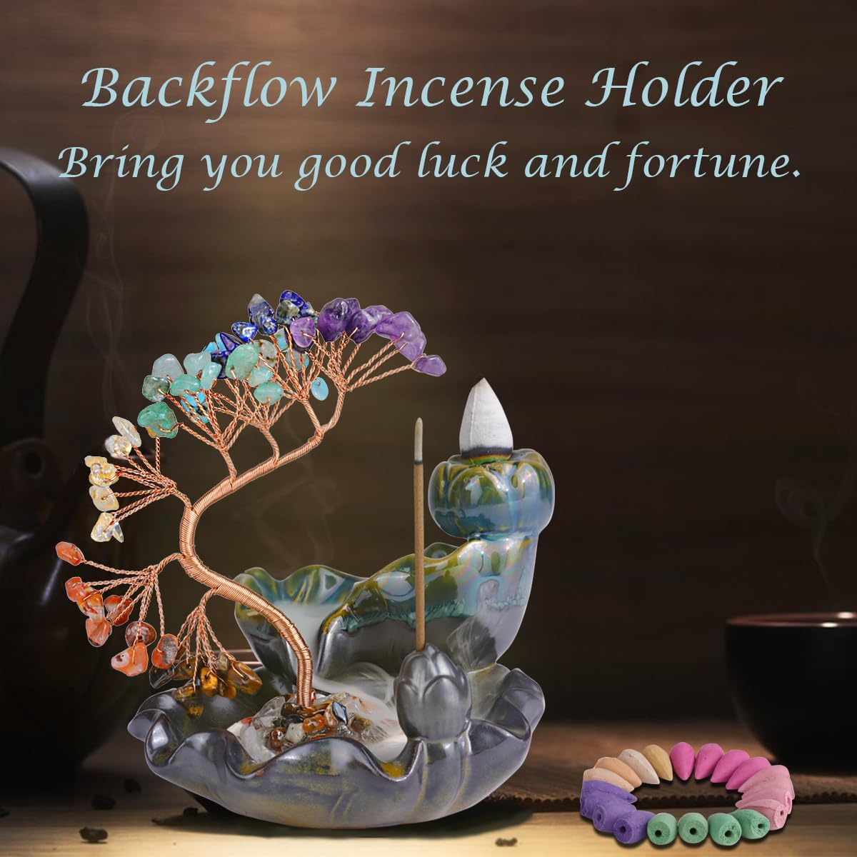 Waterfall Incense Burner, FHDUSRYO Backflow Incense Holder with Crystals Tree, 7 Chakra Crystal Censer Incense Stick Stand with 60 Incense Cones, 60 Incense Sticks, Aromatherapy Ornament Home Decor image number 6