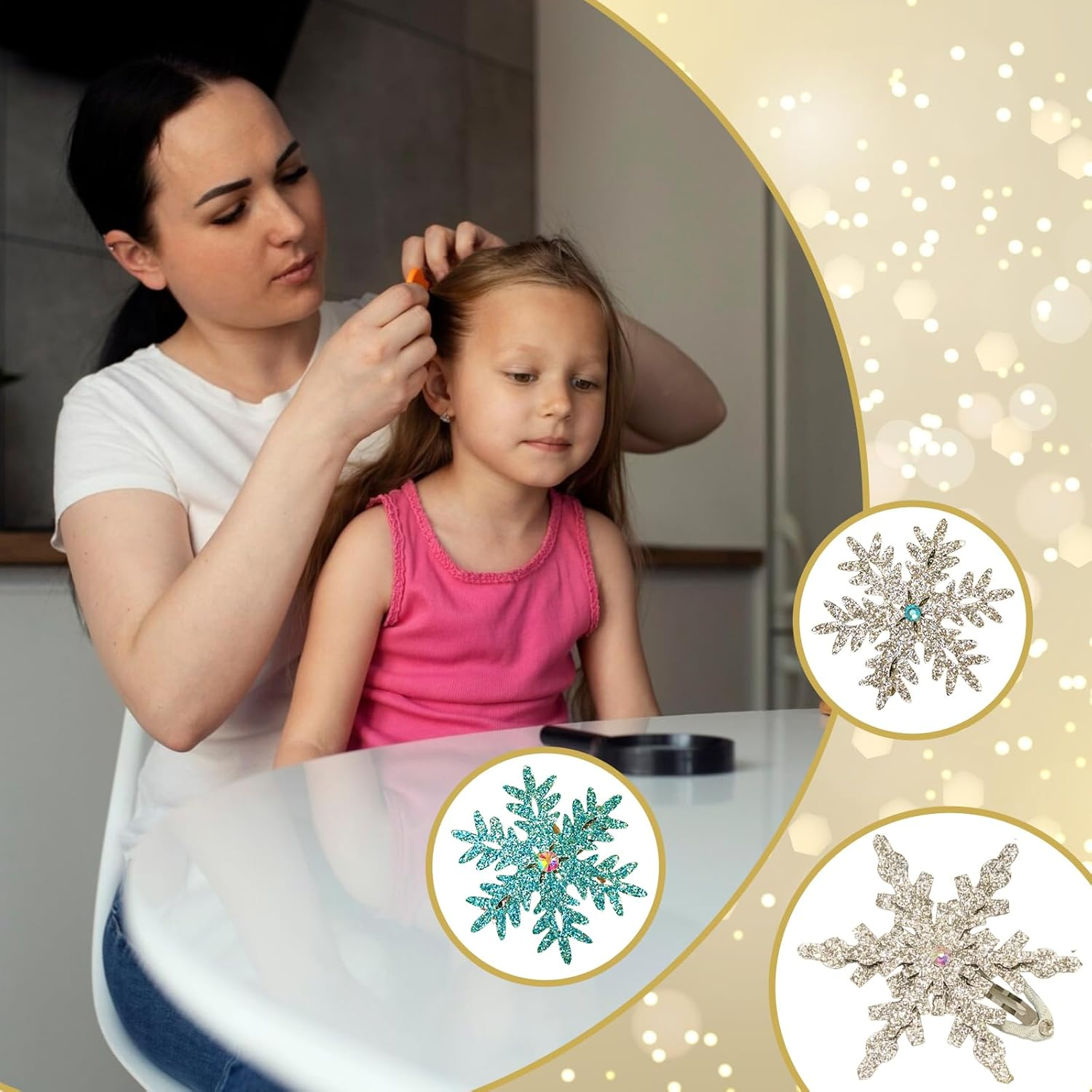 EWEIS 6 Pack Snowflake Hair Clips, Glitter Snowflake Hair Accessories for Girls,Princess Snow Flake Hair Clips&Accessories, Holiday Hair Bows, Kids & Women&rsquo;S Hair Accessories Set image number 5