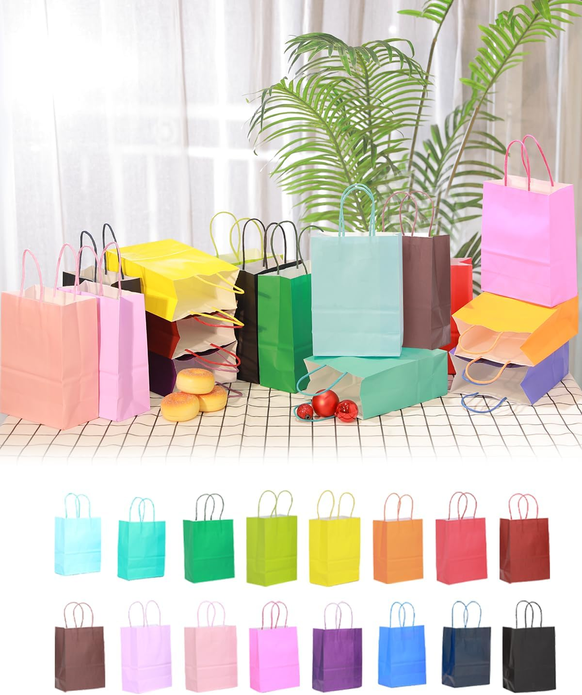 Qiqee 32-Packs Paper Bags with Handles Bulk 33X25X13Cm Large Gift Bags 16 Different Senior Color Bags Multiple Uses（13X10X5Inch,Large Size）