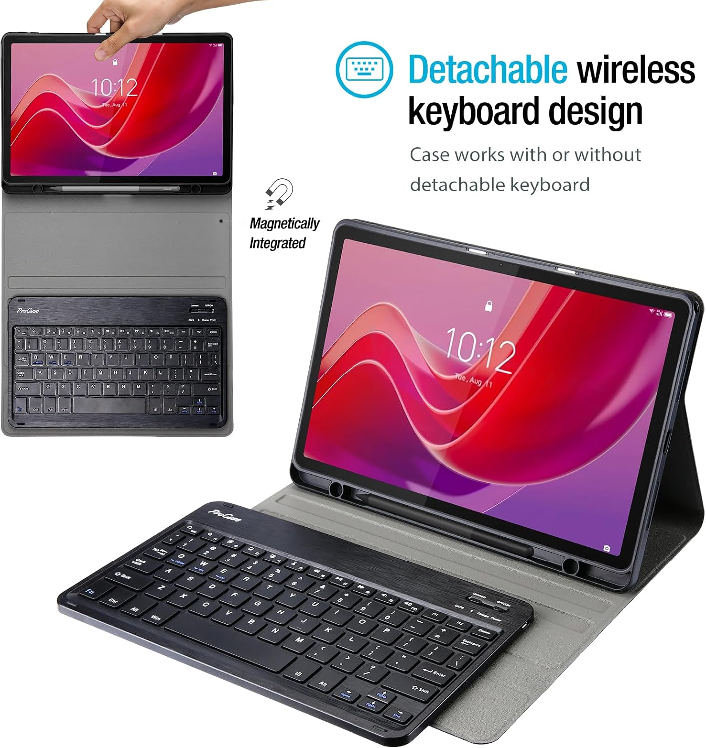 Procase Case with Keyboard for Lenovo Tab M11 / K11 LTE 11" 2024, PU Leather Case with Magnetically Detachable Wireless Keyboard for Lenovo M11 / Tab K11 LTE 11 Inch -Black image number 3
