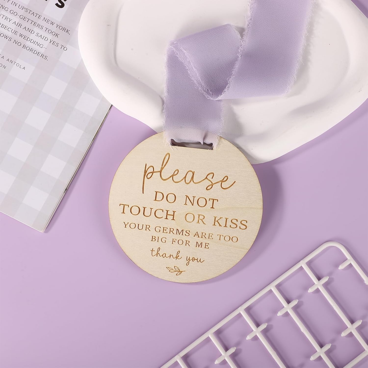Please Do Not Touch or Kiss Baby Sign, Wooden Don'T Touch Baby Sign for Car Seat Baby Stroller Tag with Ribbon No Touching Baby Signage for Baby Newborn image number 5
