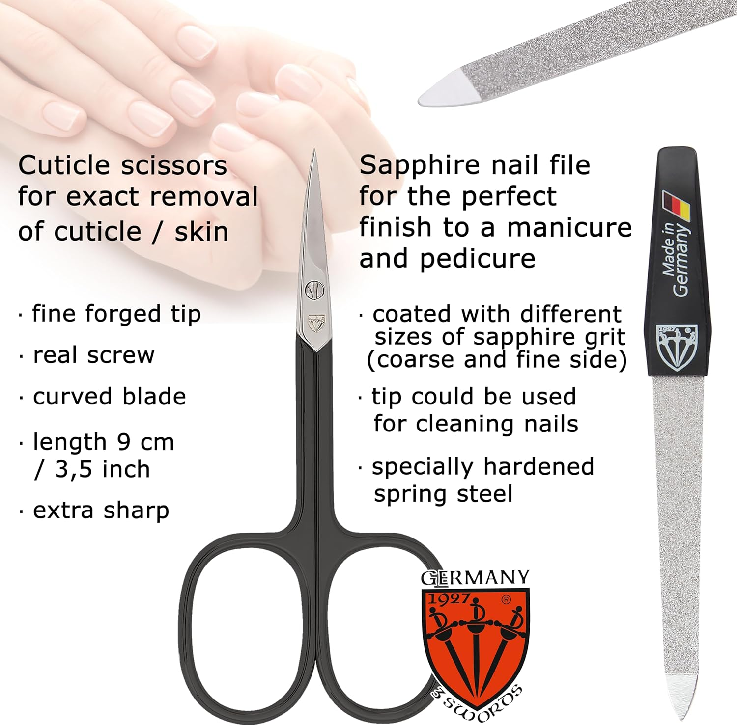 3 Swords Germany - Brand Quality 6 Piece Manicure Pedicure Grooming Kit Set - Scissors, Metal and Glass Nail File, Clipper, Tweezers with Synthetic Leather Case - White/Black Tools - Black image number 2