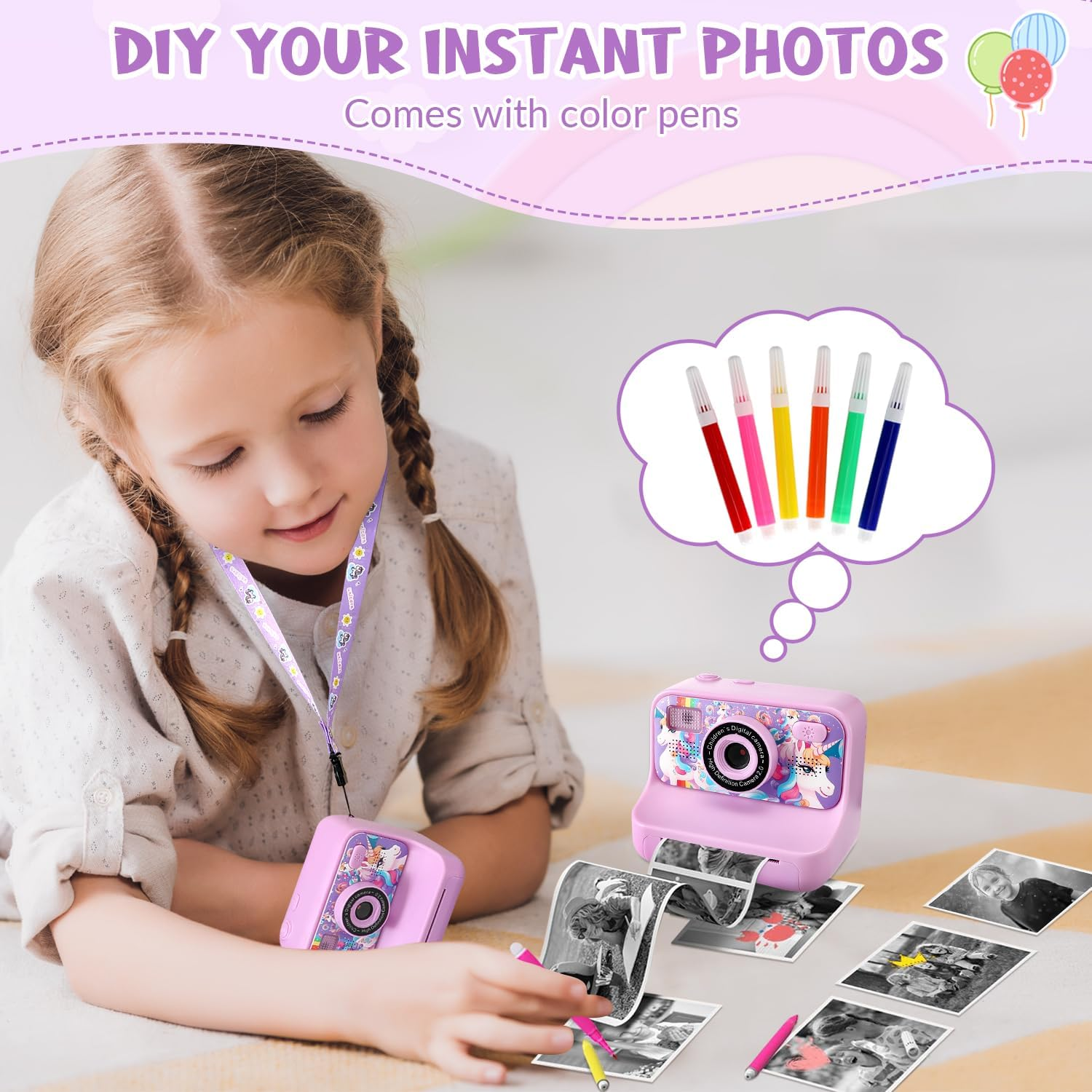 Slowton Instant Print Camera for Kids, 1080P 2.4 Inch Screen Kids Instant Cameras with 32GB TF Card and Flash Lights, Portable HD Kids Digital Video Cameras Toddler Camera Toys for Girls Boys Age 3-12 image number 6