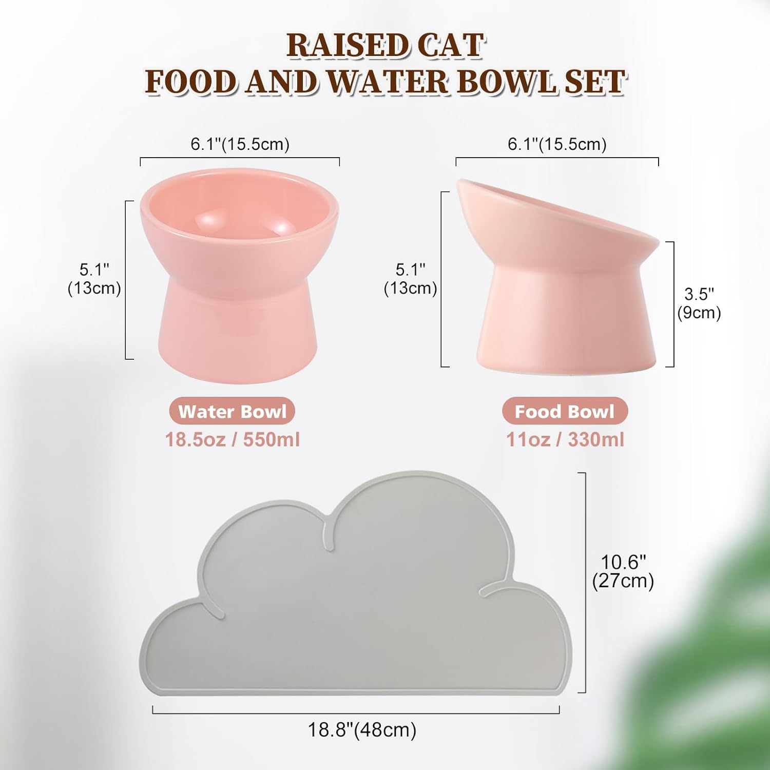 Cat Food Water Bowl Set - Raised Ceramic Cat Feeding Bowls with Non Slip Mat - Elevated Cat Dishes anti Vomiting - Extra Wide Large Cat Bowl Whisker Friendly - Microwave and Dishwasher Safe - 3 Pack