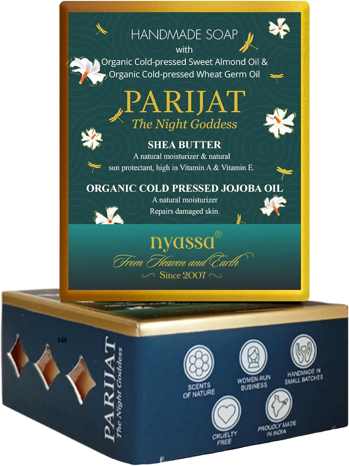 Nyassa Parijat Night Blooming Jasmine Handmade Soap 150Gm with Turmeric and Shea Butter. Paraben Free, Cruelty Free and 100% Vegetarian. image number 1