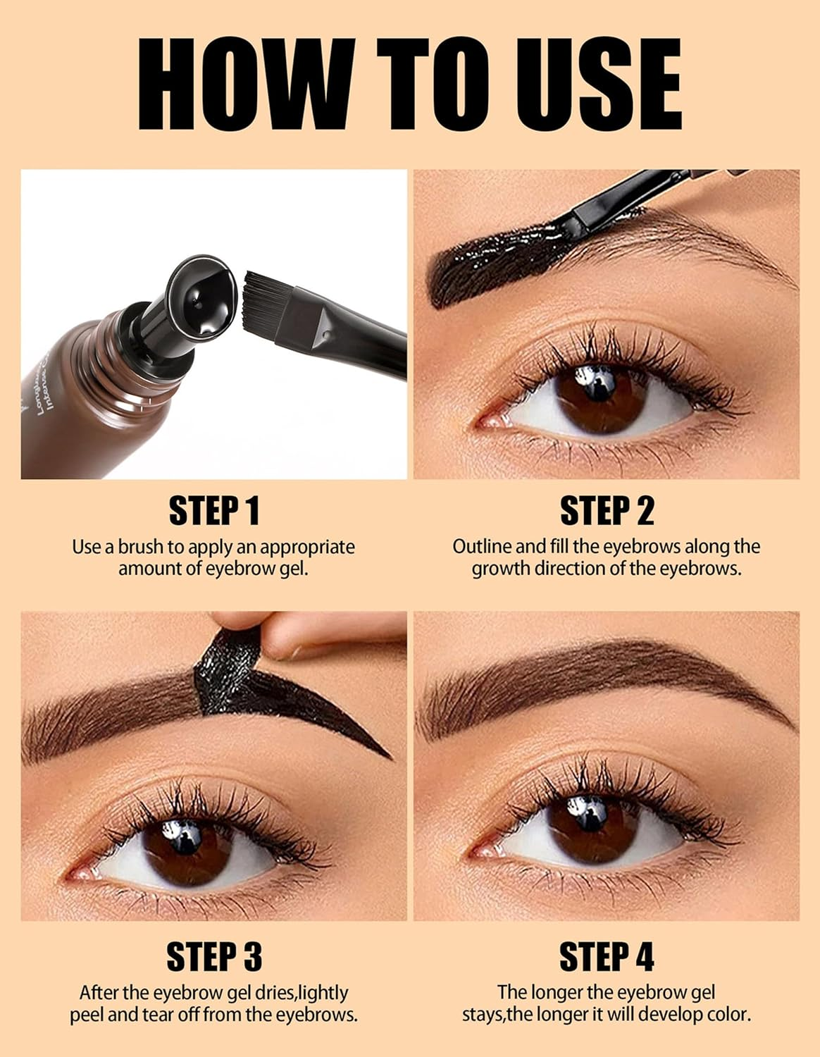 Erinde Peel off Tattoo Eyebrow Gel, Long Lasting & Waterproof Eyebrow Tinted Stain, Smudge Proof Transfer-Proof Brow Gel, Matte Natural Brow Tint Cream, Eye Brow Dye Makeup for Women with Brush, 02 - 02 image number 3