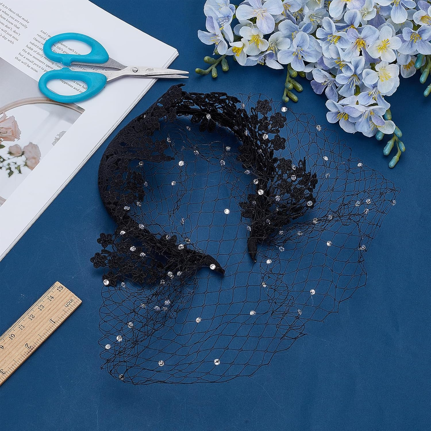 NICENEEDED Lace Headband with Mesh Veil for Women Elegant Headpiece for Weddings Black Vintage Hair Accessory with Rhinestones image number 5