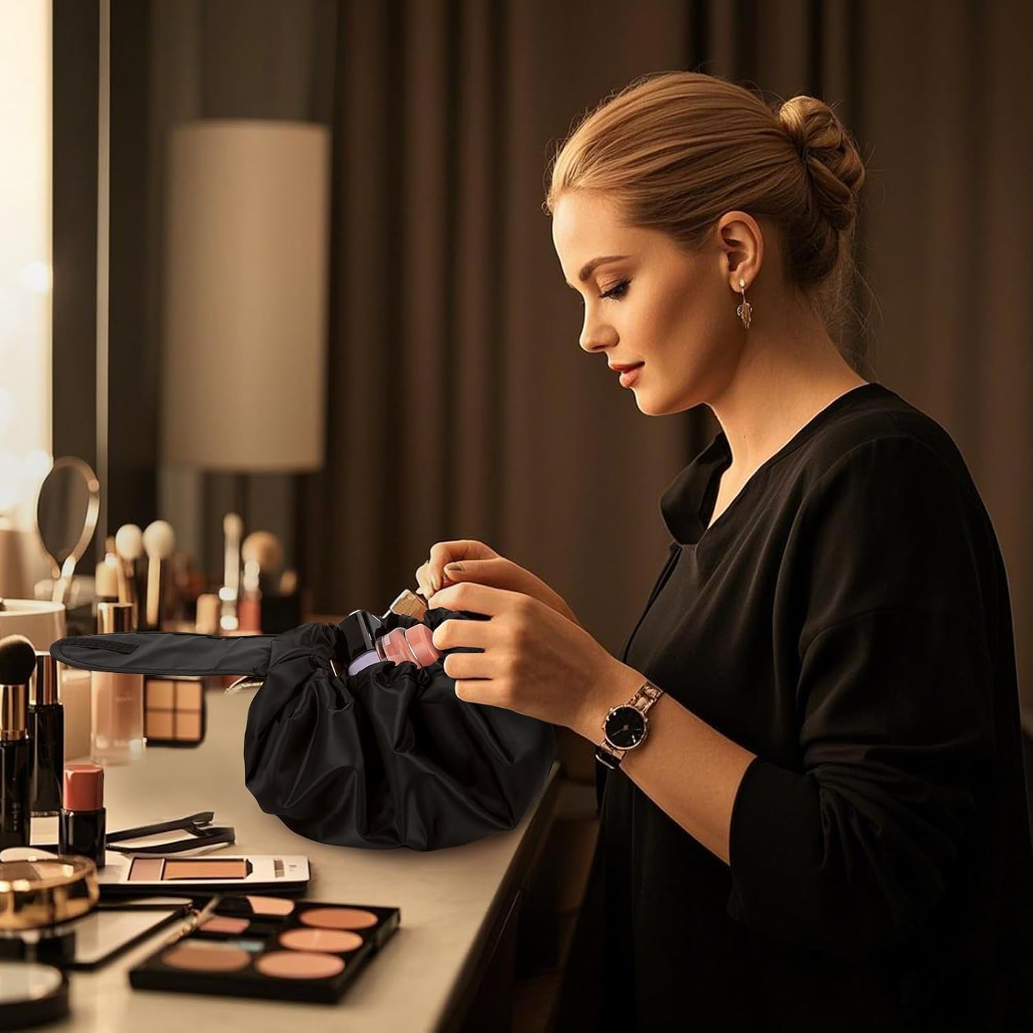 Lazy Drawstring Flat-Lay Cosmetic Makeup Bag for Women'S Travel and Storage(Black) image number 2