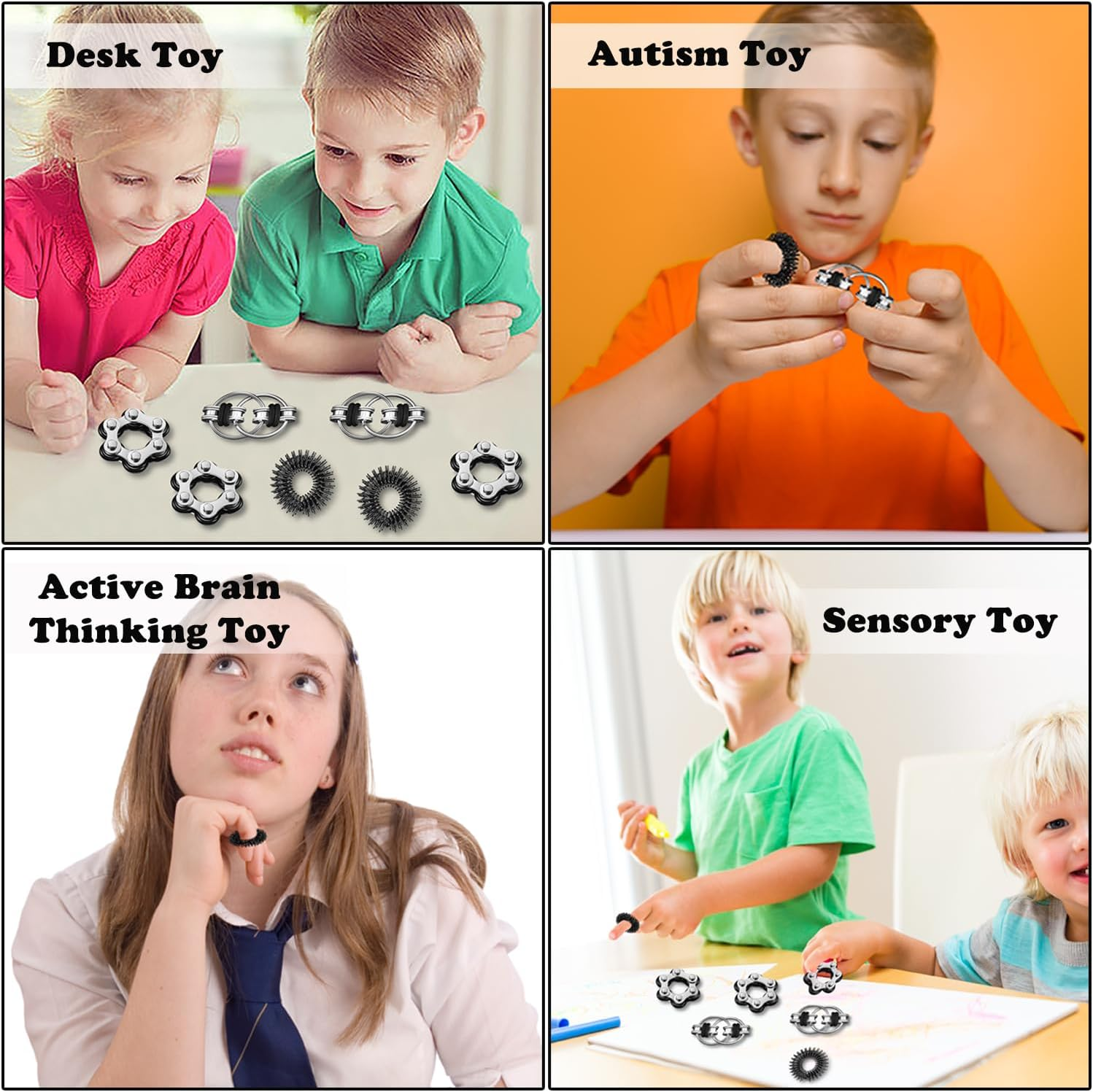 6-Piece Fidget Toys Set, Six Roller Chain & Key Flippy Chain, Acupressure Ring, Anti-Stress Toy for Adults and Children (Black) image number 2