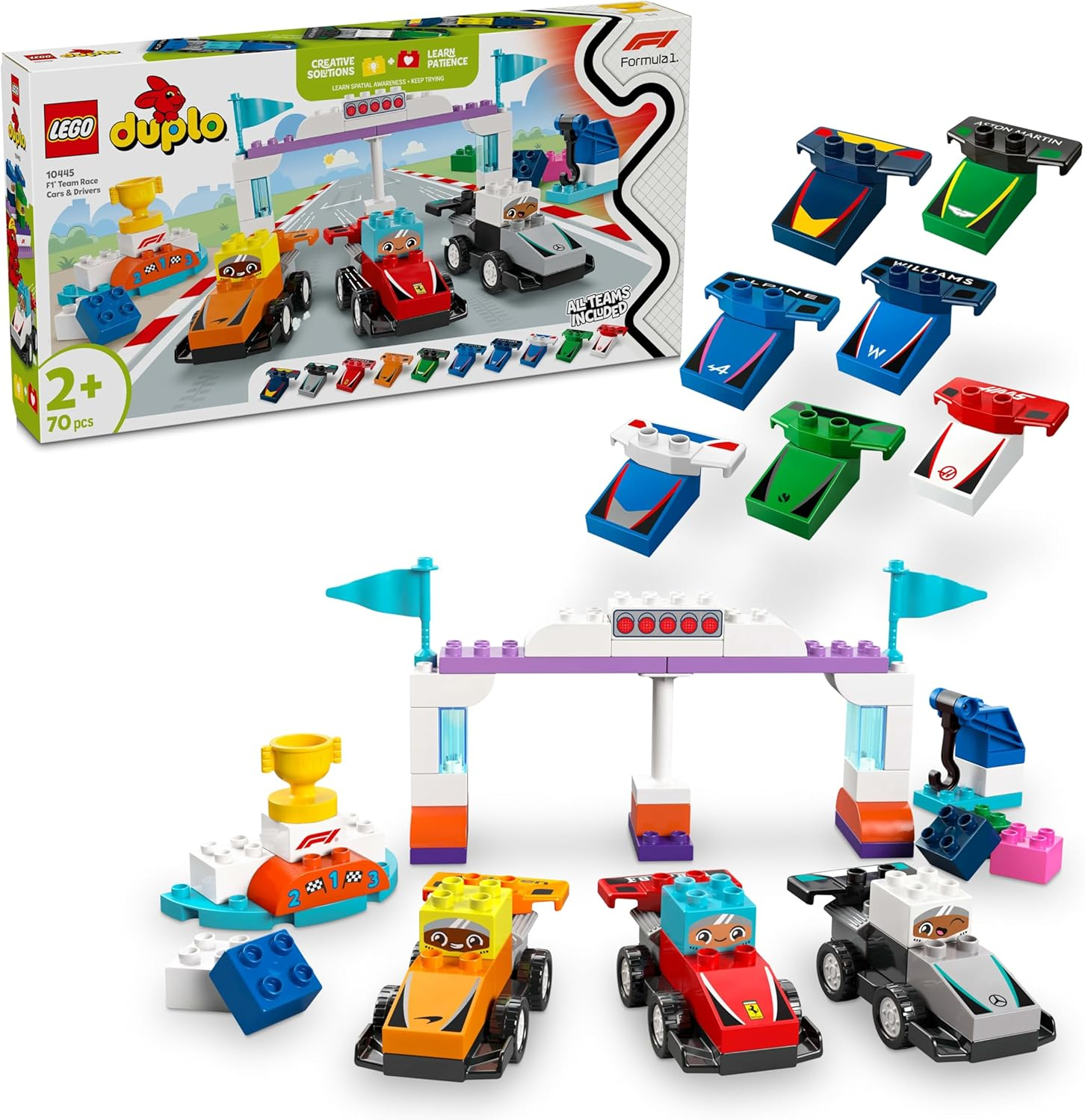 LEGO DUPLO F1 Team Race Cars & Drivers Building Set with 10 F1 Toy Cars and a Crane, Formula One Kids Vehicle Playset for 2 plus Year Old Toddlers, Boys & Girls, Helps Build Fine Motor Skills 10445 image number 4
