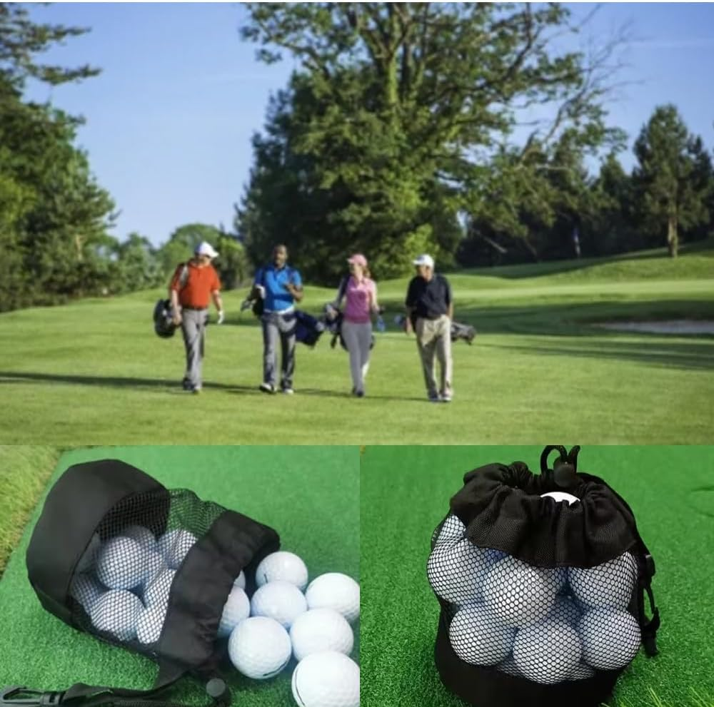 Naisfei 2 Pcs Black Nylon Mesh Drawstring Golf Ball Bags, Nylon Golf Ball Storage Bag with Hooks Black Golf Ball Pouch Bags Drawstring Golf Ball Organizer 6.5In X 5.5In