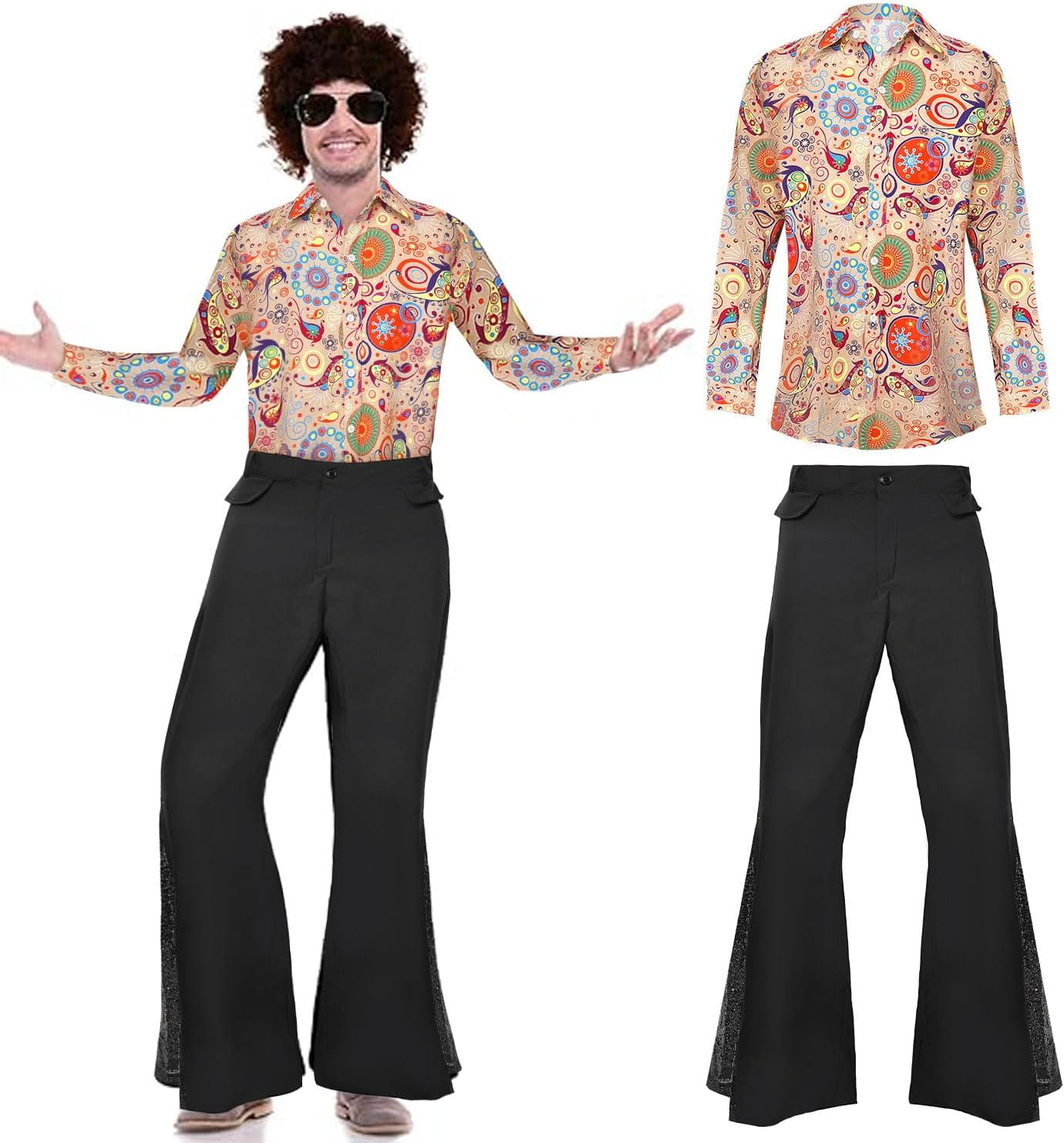 Slowton Men'S 70S Disco Costume - 1970S Vintage Floral Shirt & Flared Trousers Two Piece for Disco Party, Stage Performance Costume Set, Disco Accessories for Halloween Party, Hippies Outfits for Men