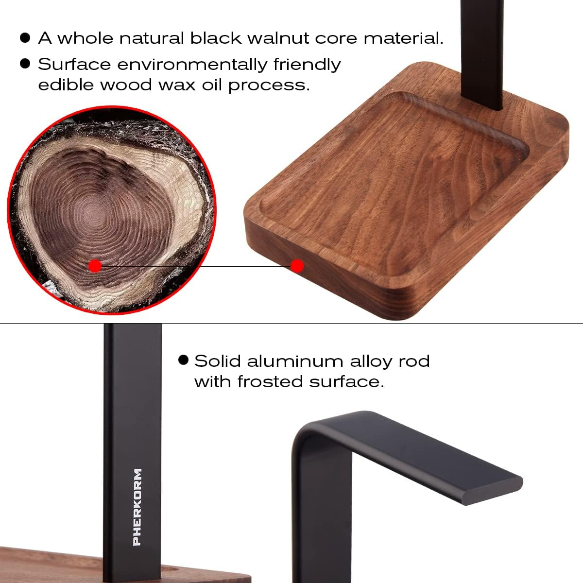 PHERKORM Walnut Wood & Aluminum Headset Holder, Desktop Headphone Stand, Universal Headphone Holder for Most Music Gaming Headsets - Black Walnut image number 1