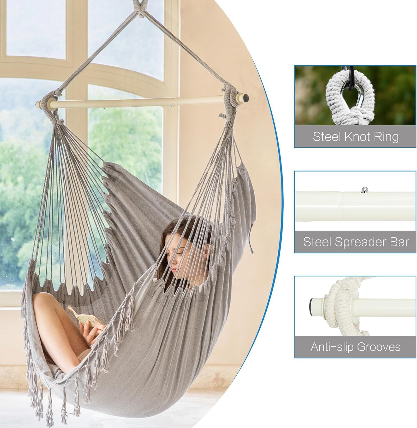 Hammock Chair Hanging Rope Swing Chair with 2 Seat Cushions & Installation Kit, Max 330 Lbs,Hammock Swing Hanging Chair for Bedroom outside Shanging Yard Patio Camping Garden (Light Grey) image number 4