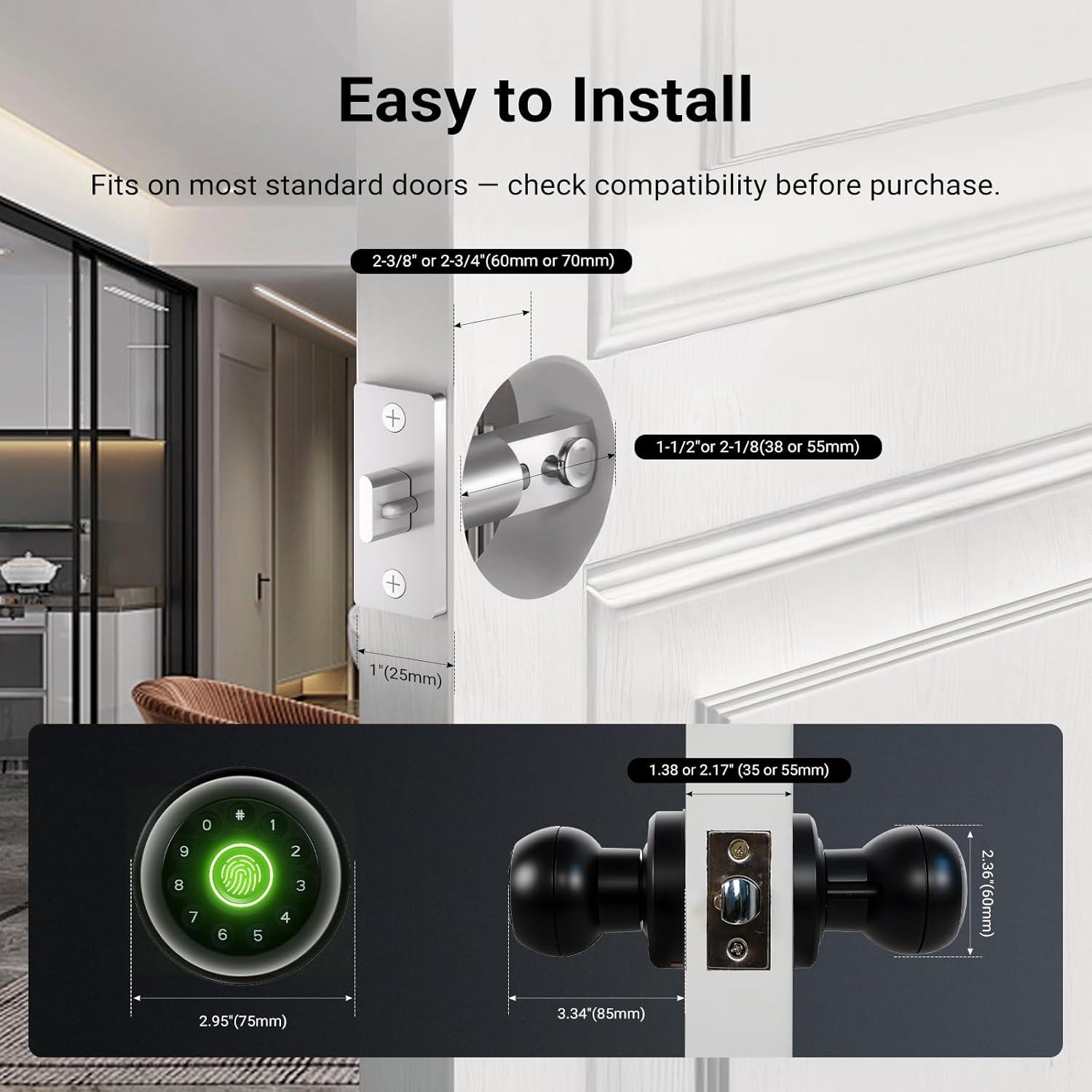 Smart Fingerprint Door Lock with Keypad & App Control, Biometric Keyless Entry Door Knob with Auto Lock, Thumb Print, Code & Keys for Home, Bedroom, Office (Matte Black) image number 3