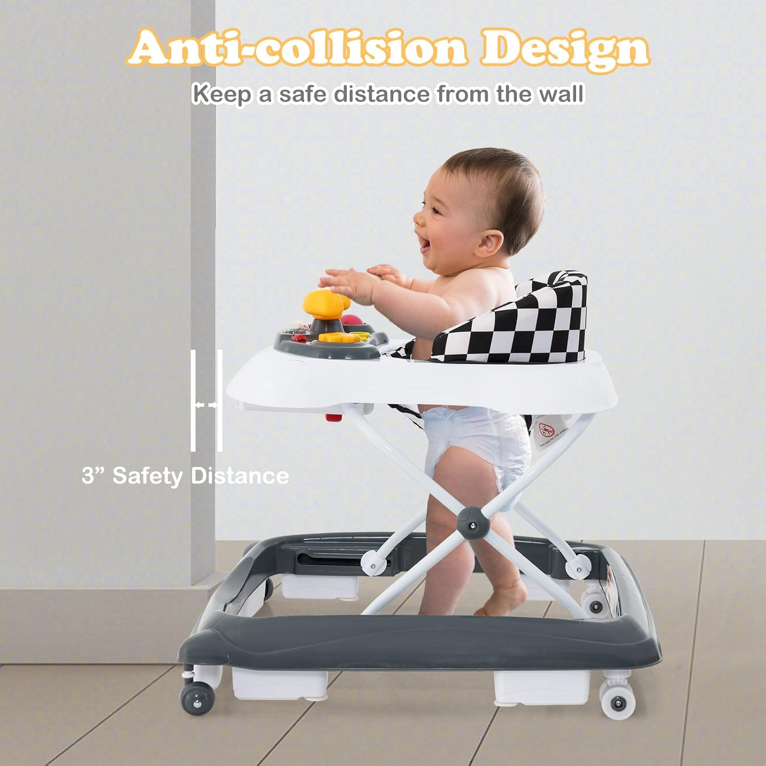 INFANS Foldable Baby Walker, 3 in 1 Toddler Walker Leaning-Seated Walk-Behind with Removable Music Tray, Adjustable Height, Washable Seat Cushion for Boys and Girls (Checkerboard) - Checkerboard image number 5