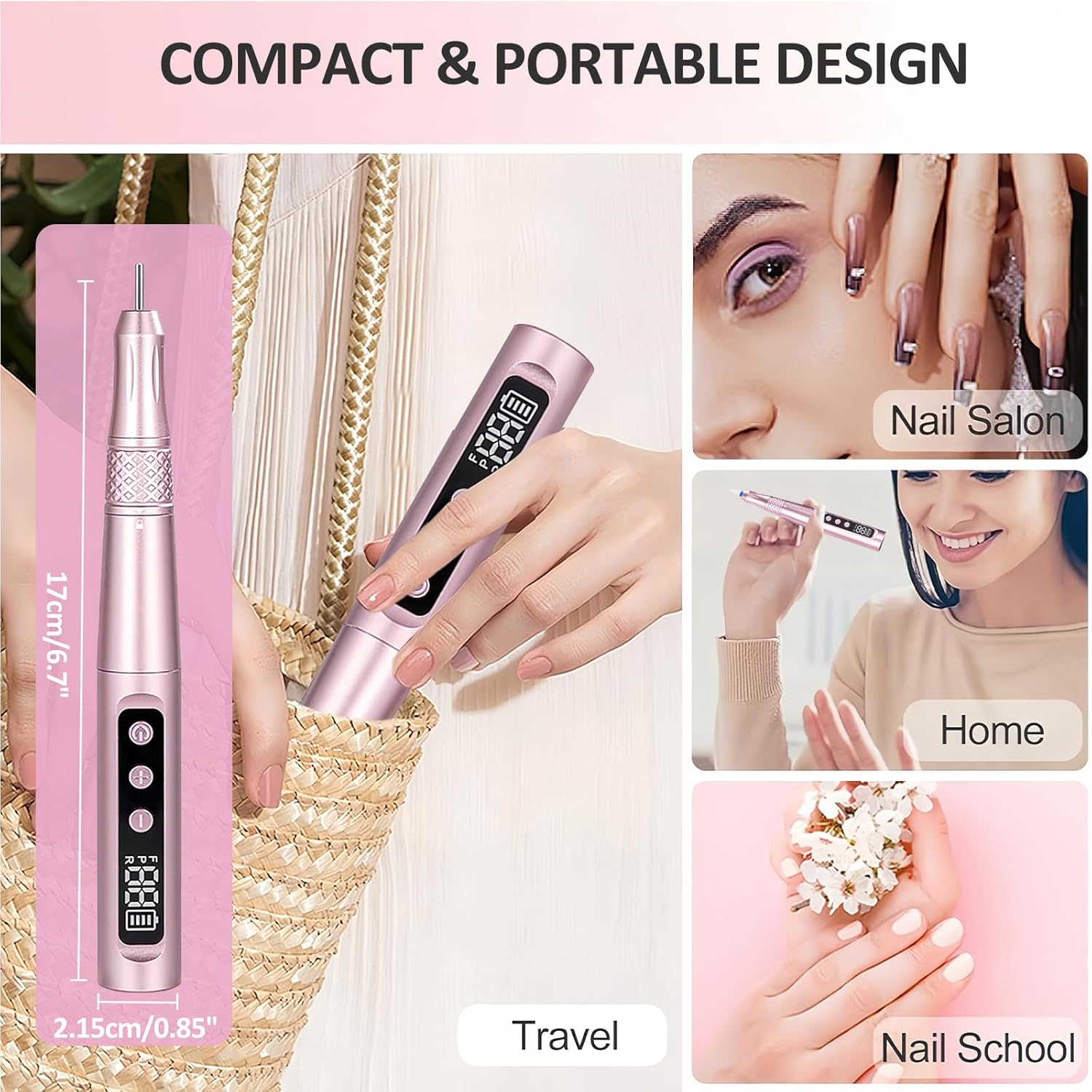 Cordless Nail Drill, Portable Nail File Efile with 12 Bits, LCD Screen & Twist Lock, 35000RPM Low Noise, Professional Nail Drill Kit for Acrylic Nails Gel Polish Manicure Pedicure Salon Quality