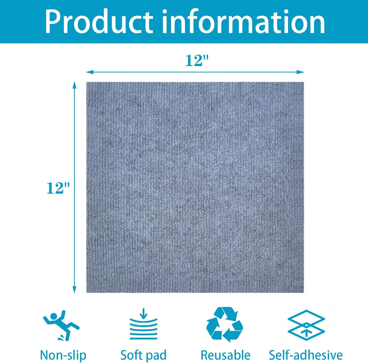 48PCS 30X30CM Self Adhesive 12-Inch Carpet Floor Tiles, Anti-Slip Reusable Squares Peel and Stick Carpet Floor Tile Easy Install DIY for Bedroom Living Room,Grey.