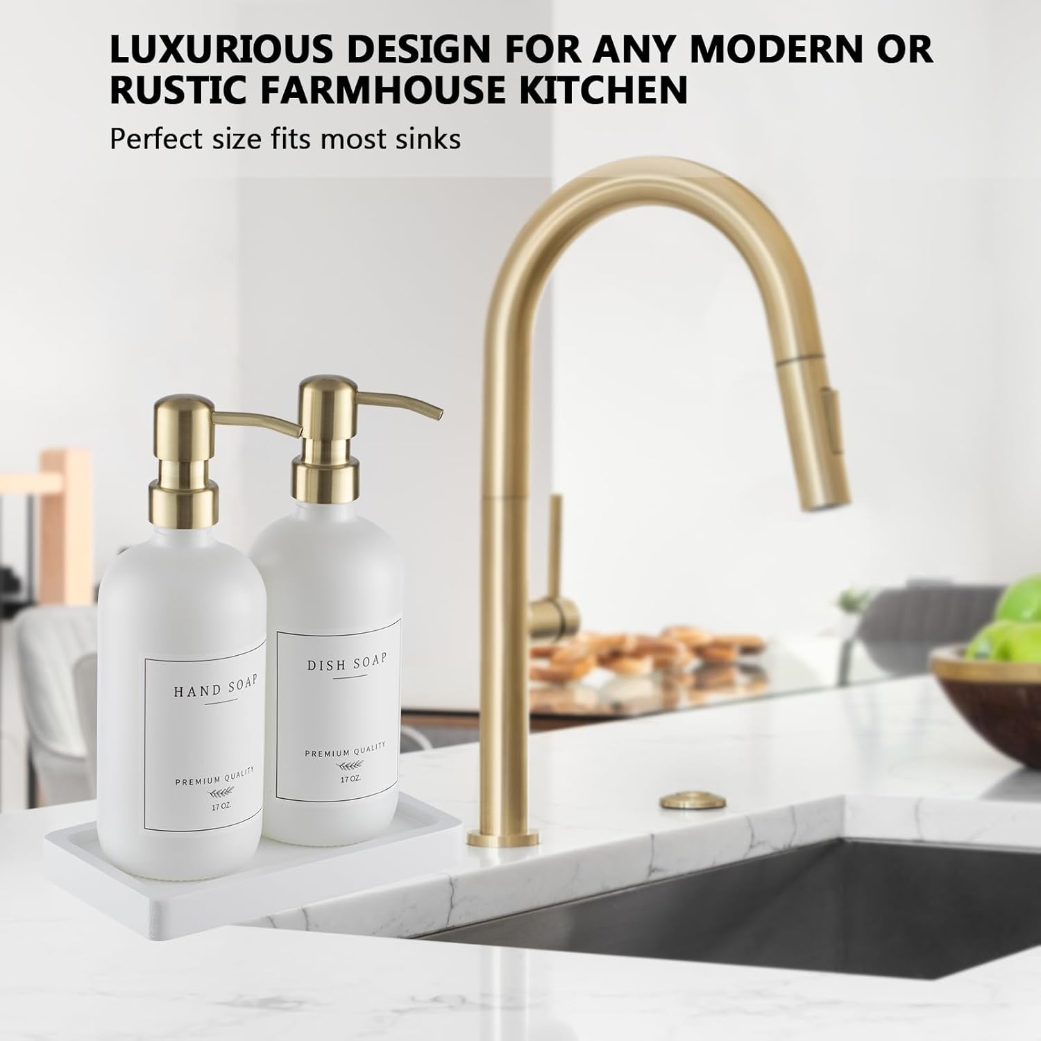 Thick Glass Soap Dispenser - Kitchen Dish Hand Soap Dispenser Set,Rustproof Pump Soap Lotion Dispenser Bathroom with Tray,14 Stickers for Kitchen Decor White Bottle/Gold Pump - Amber Bottle/Black Pump + Tray + Funnel image number 5