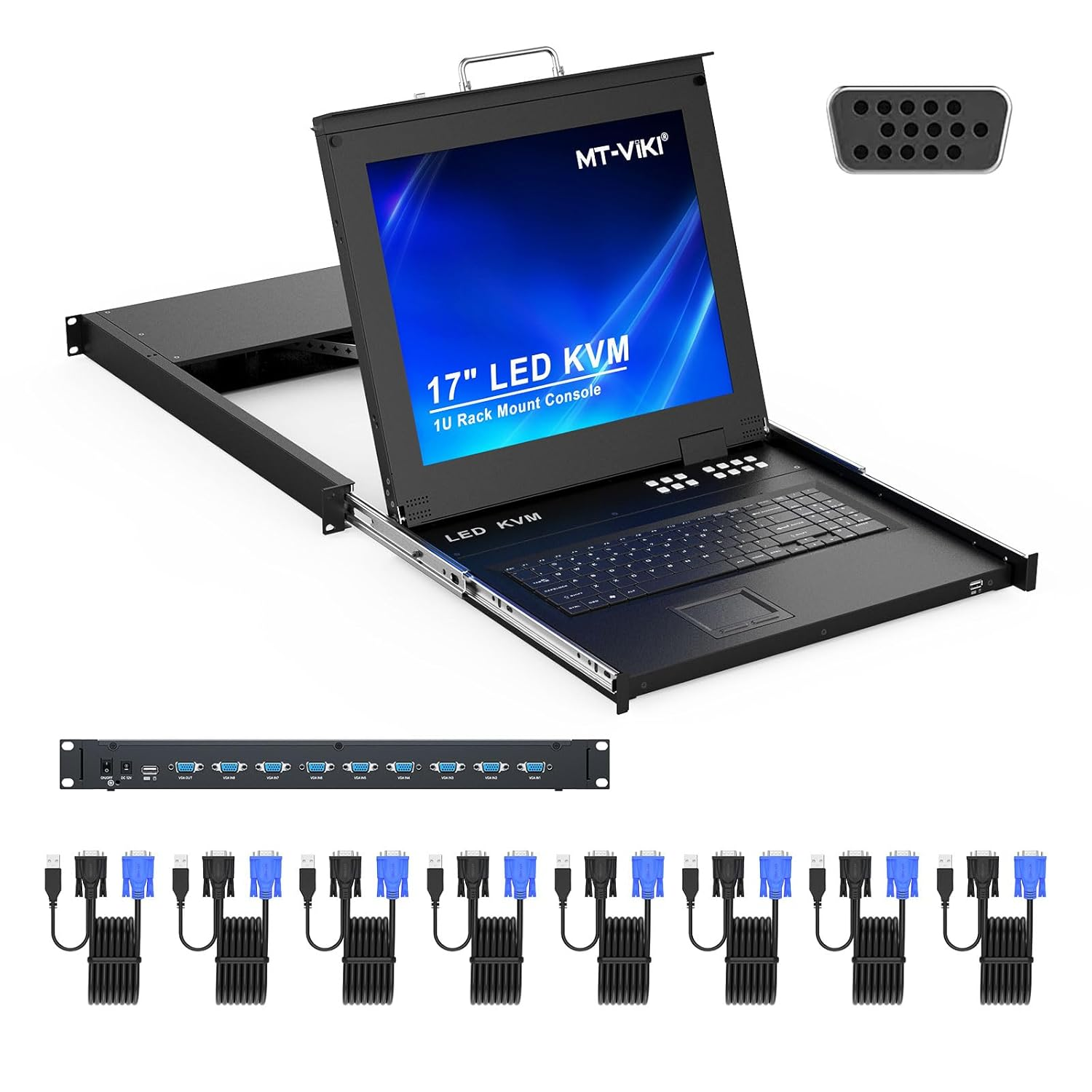 17" LCD KVM Switch 8 Port VGA, MT-VIKI 8X1 USB VGA KVM Console Drawer Rackmount for 1U 19" Rack + 8-Pack KVM Cables image number 2